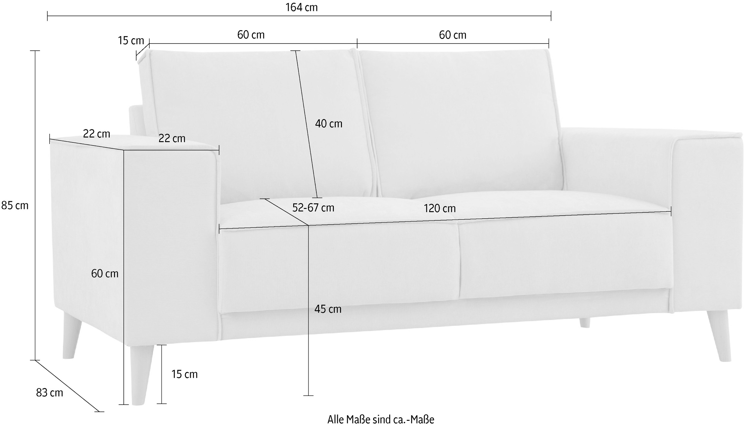 OTTO home 2-Sitzer »Oland Skandi, weicher Chenille-Stoff« 164 cm, Wellenunterfederung, Skandi-Design, Massivholzfüße