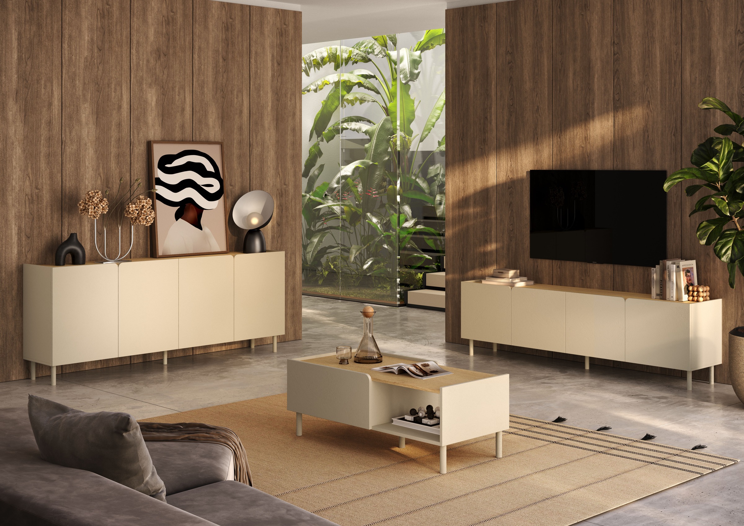 OTTO home Sideboard »Dobbiaco, 202 cm breit, 4 Türen, Anrichte, Kommode, Stauraumschrank« Innenliegendes Top, gerade Metallfüße, Tür mit Rundung