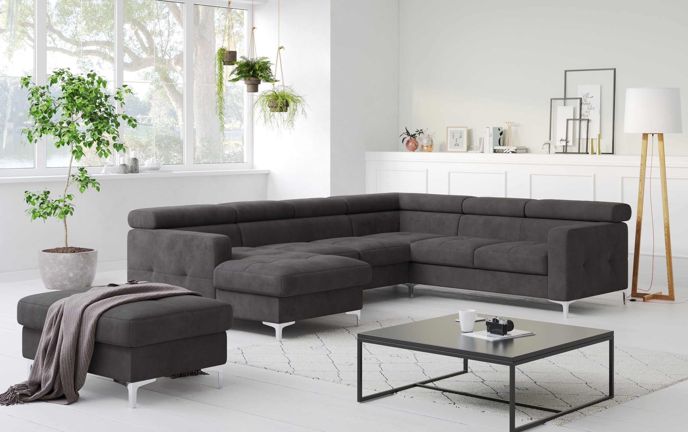 Wohnlandschaft COTTA, B:304cm H:74cm T:240cm, schwarz, NaturLEDER, die Rückseite ist mit schwarzem und die Liegefläche der Bettfunktion ist mit