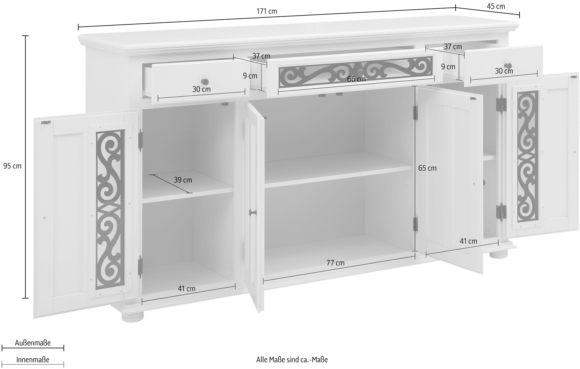 Home affaire Sideboard »Arabesk«, mit dekorativen Fräsungen, viele Stauraummöglichkeiten, Breite 171 cm