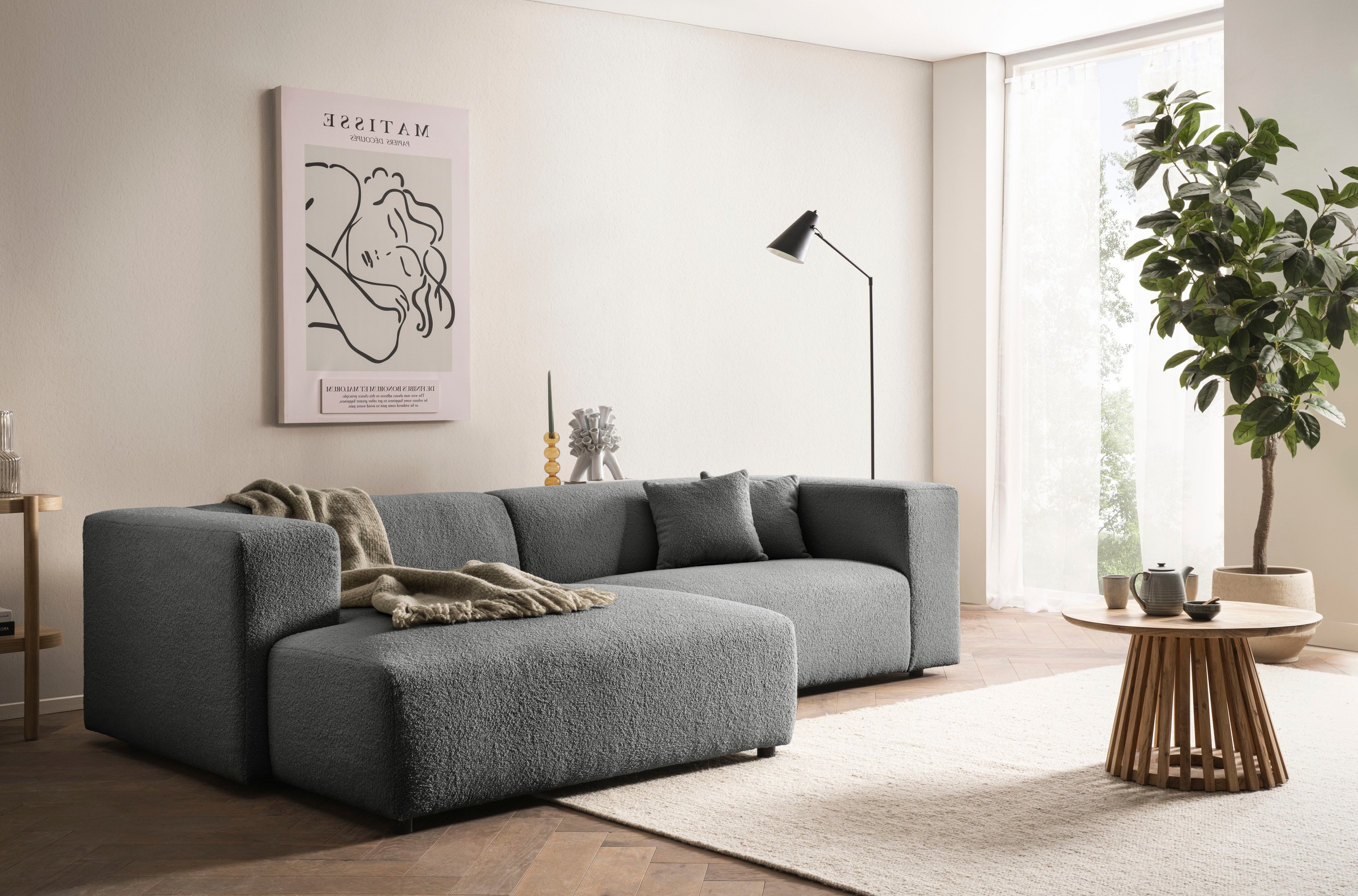 andas Ecksofa »BAKELS, L-Form in Cord oder Boucle-Stoff, moderne Couch«, wahlweise Recamiere rechts/links, bequemer Sitzkomfort