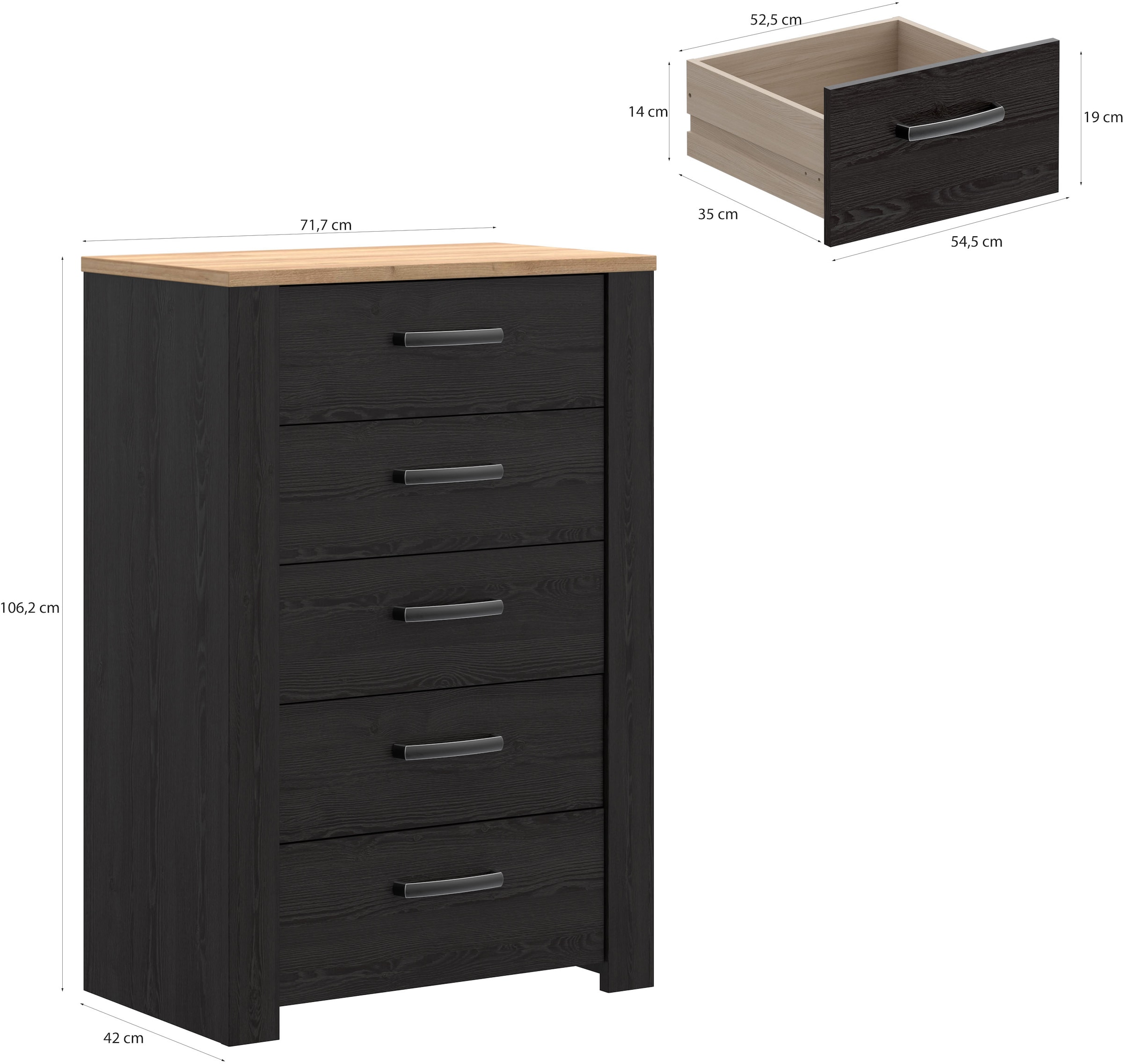 FORTE Kommode »Bohol« B/H/T71,7/106,2/42 cm, 5 Schubkästen, Landhaus