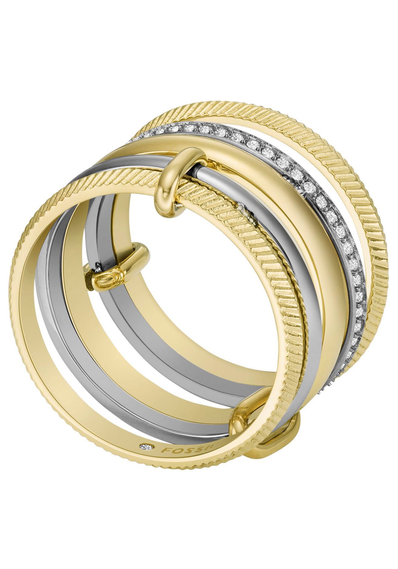 Fingerring FOSSIL "Schmuck JEWELRY ALL STACKED UP TWO-TONE PRESTACK RING" Gr. 16,5, gelb (edelstahlfarben, gelbgoldfarben, kristallweiß), Fingerringe, Damen, 16,5, Edelstahl, 15,6mm, Fingerring, mit Glasstein 3