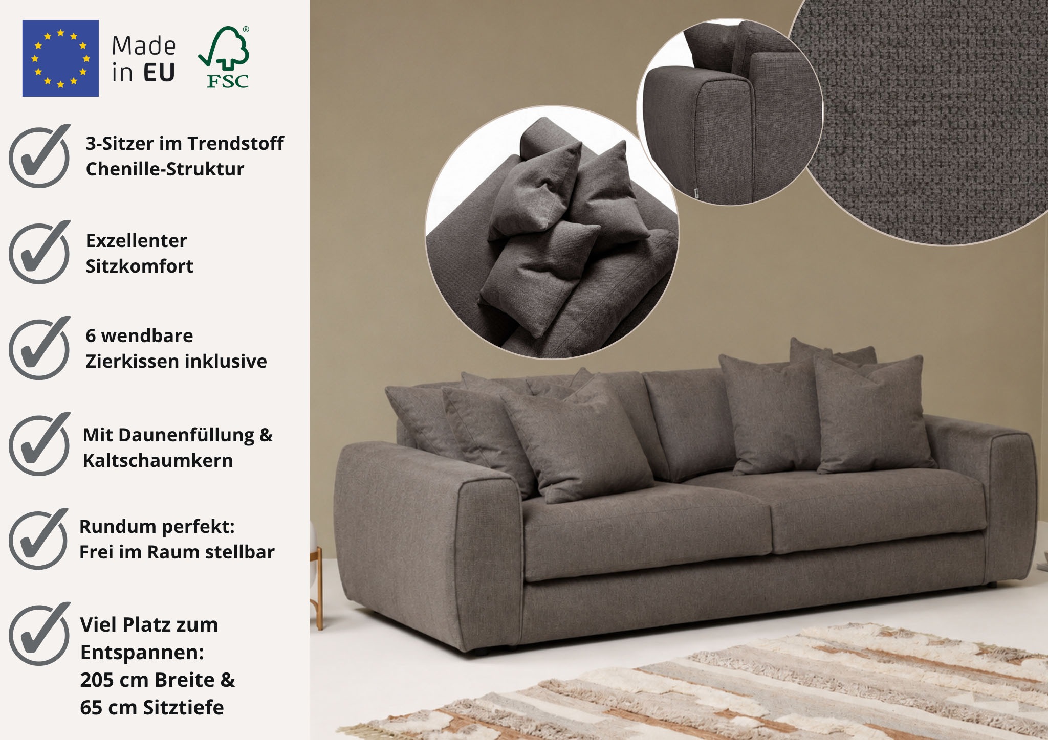 OTTO home 3-Sitzer »Rillea, Sofa, Couch, MADE in Europe« B: 252 cm, mit Daunenfüllung & Kaltschaum, FSC®