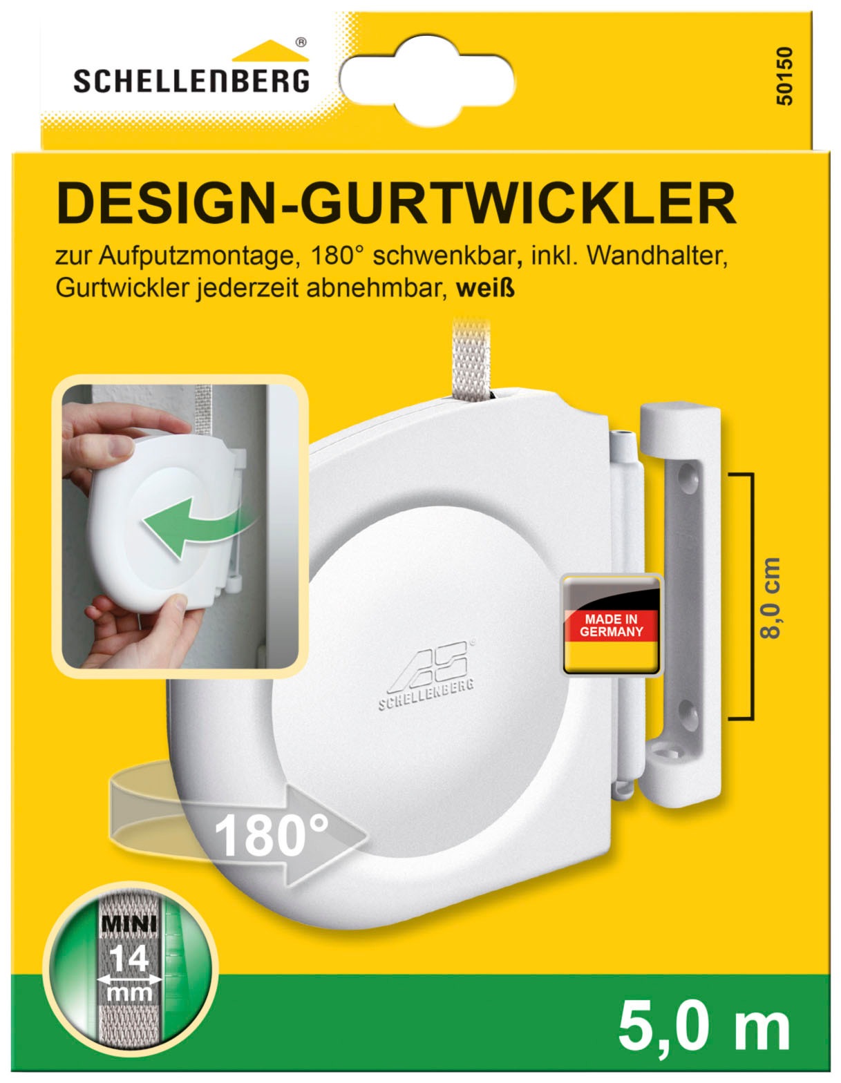 SCHELLENBERG Aufputz-Gurtwickler "Minisystem, Design-Gurtwickler inkl. 5 m Gurtband", 2 Stk., weiß, Gurtwickler, Aufschraubwickler zum öffnen,