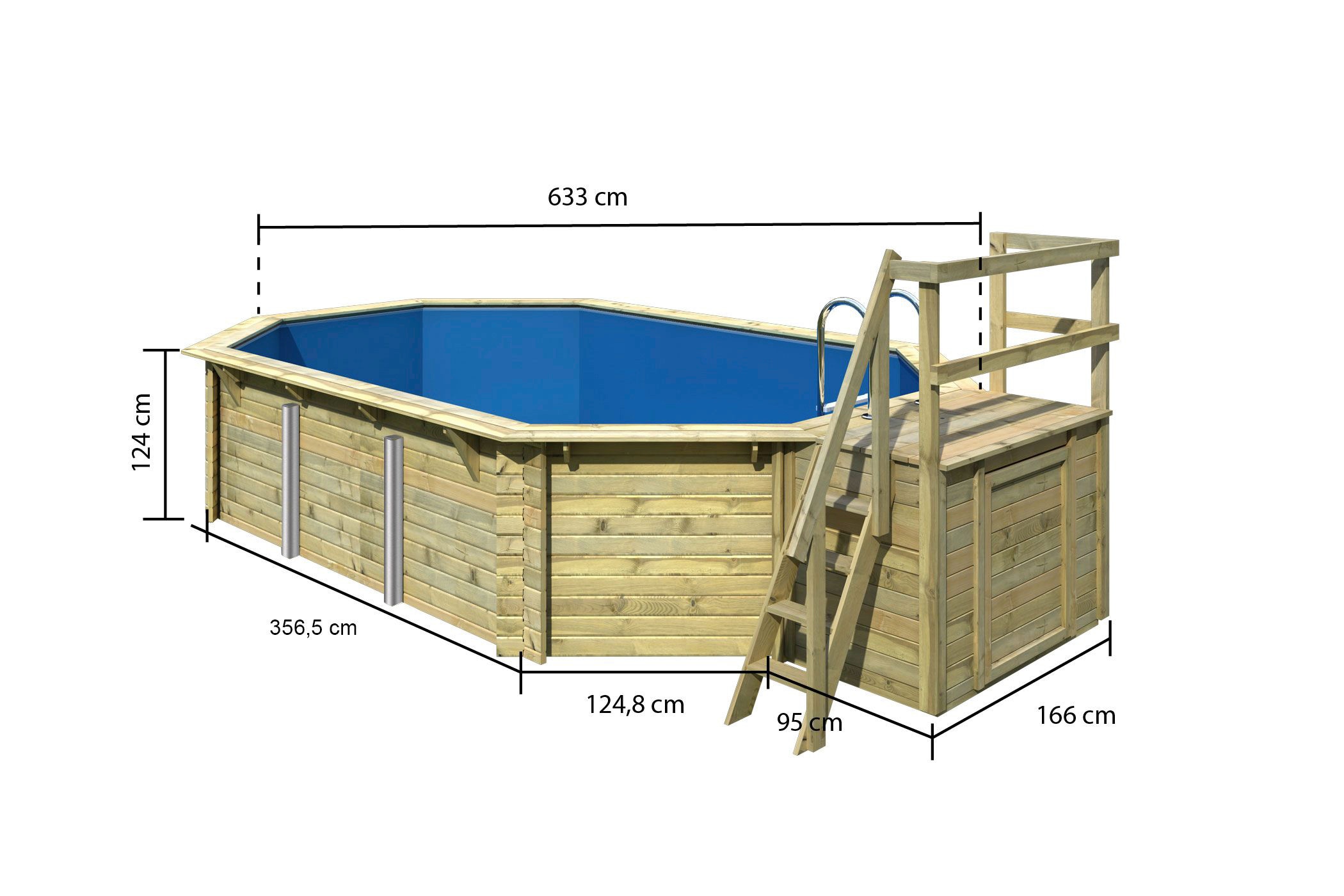 Karibu Achteckpool »PALMA Set B BxLxH: 358x569x124 cm mit Sonnendeck«, (Set, 7 tlg.), 38 mm starkes kesseldruckimprägniertes Fichtenholz