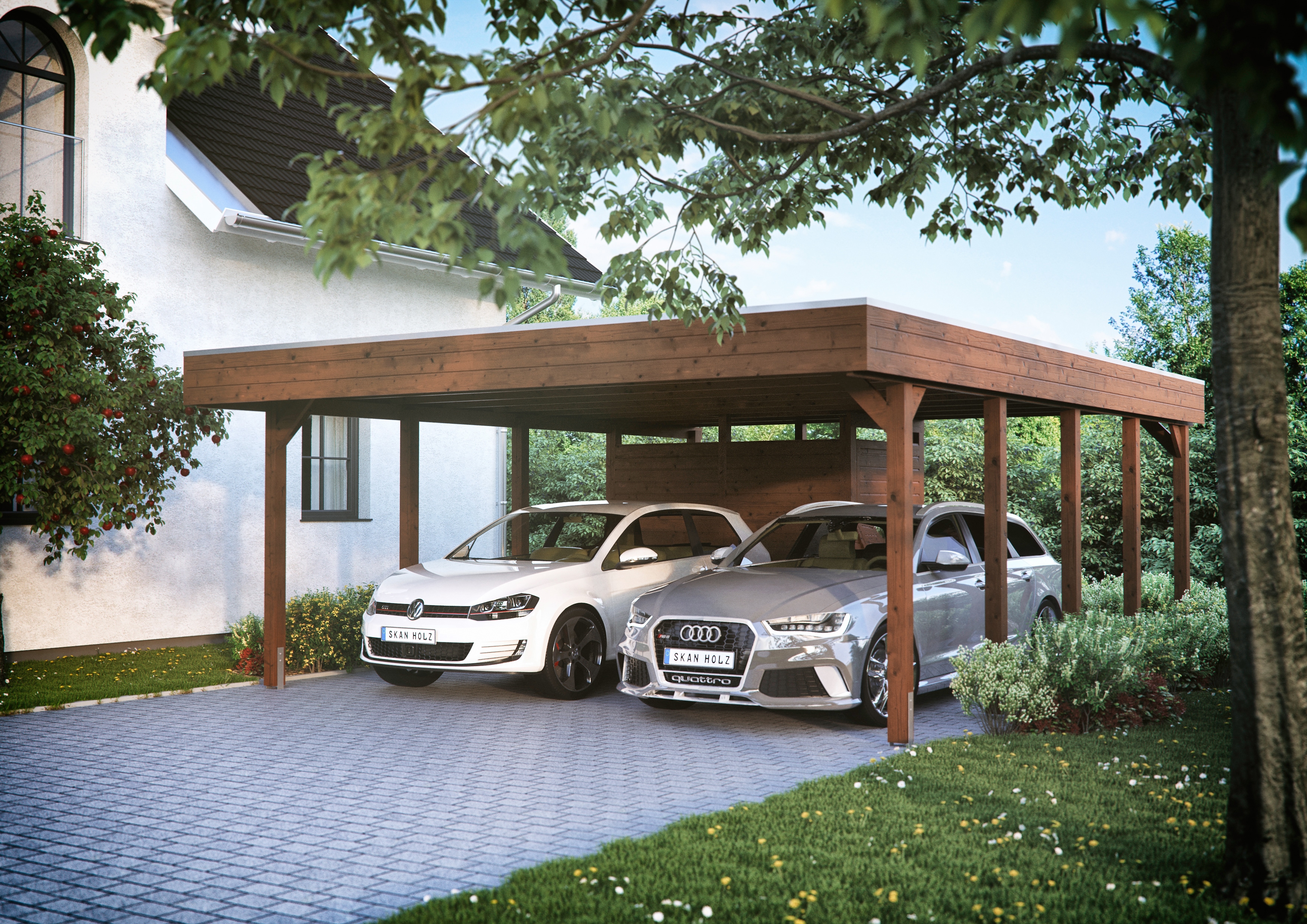 Skanholz Doppelcarport "Friesland 4" Massivholz 514 cm braun mit Geräteraum