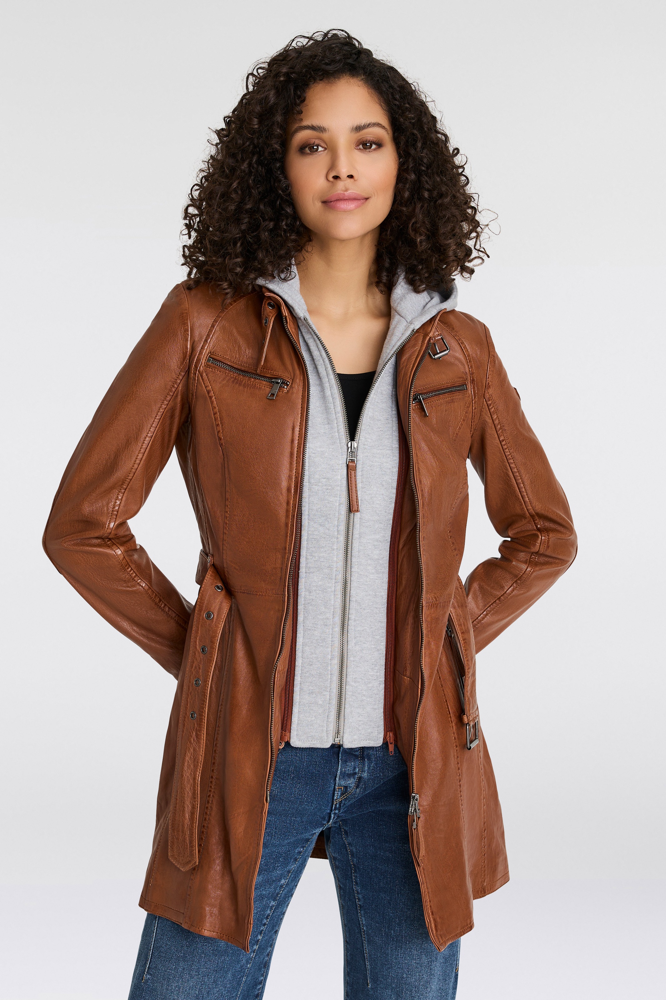 Mauritius Lederjacke, mit Kapuze, (mit Gürtel) lange Lederjacke mit Gürtel günstig online kaufen