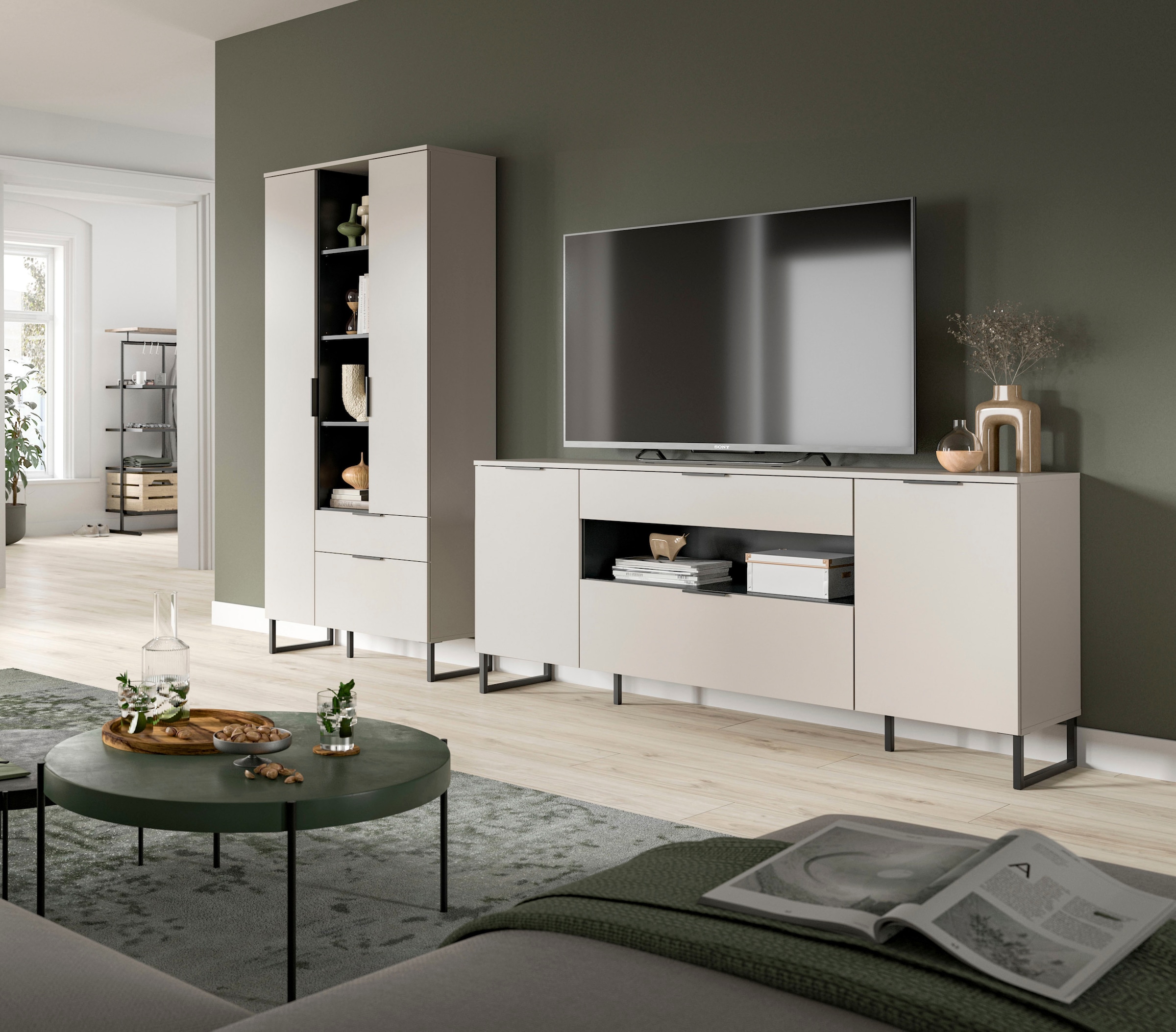 INOSIGN Wohnwand »ADIO, Breite 290 cm, 2-teiliges Set, mit Metall-Kufenfüße« Set, bestehend aus: Mehrzweckschrank und Sideboard, 2 Stk. tlg.