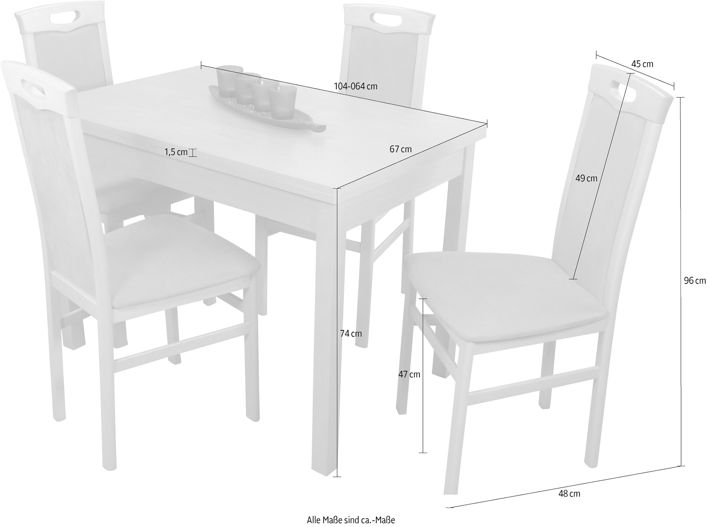 HOFMANN LIVING AND MORE Essgruppe »Carla«, (Spar-Set, 5 tlg., 1 Tisch, 4 Stühle), Stuhlgestell und Tischbeine aus Massivholz, Tisch mit 2 Ansteckplatten