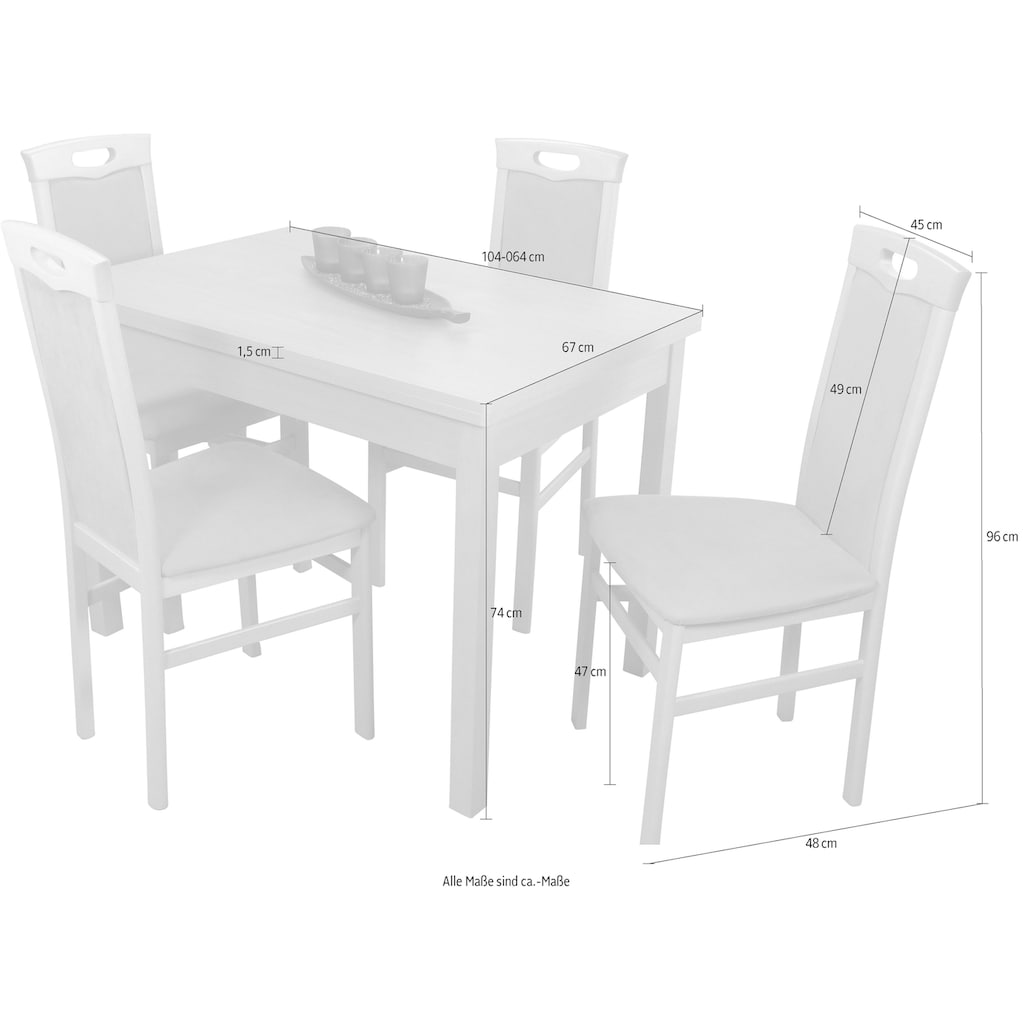 HOFMANN LIVING AND MORE Essgruppe »Carla«, (Spar-Set, 5 tlg., 1 Tisch, 4 Stühle), Stuhlgestell und Tischbeine aus Massivholz, Tisch mit 2 Ansteckplatten