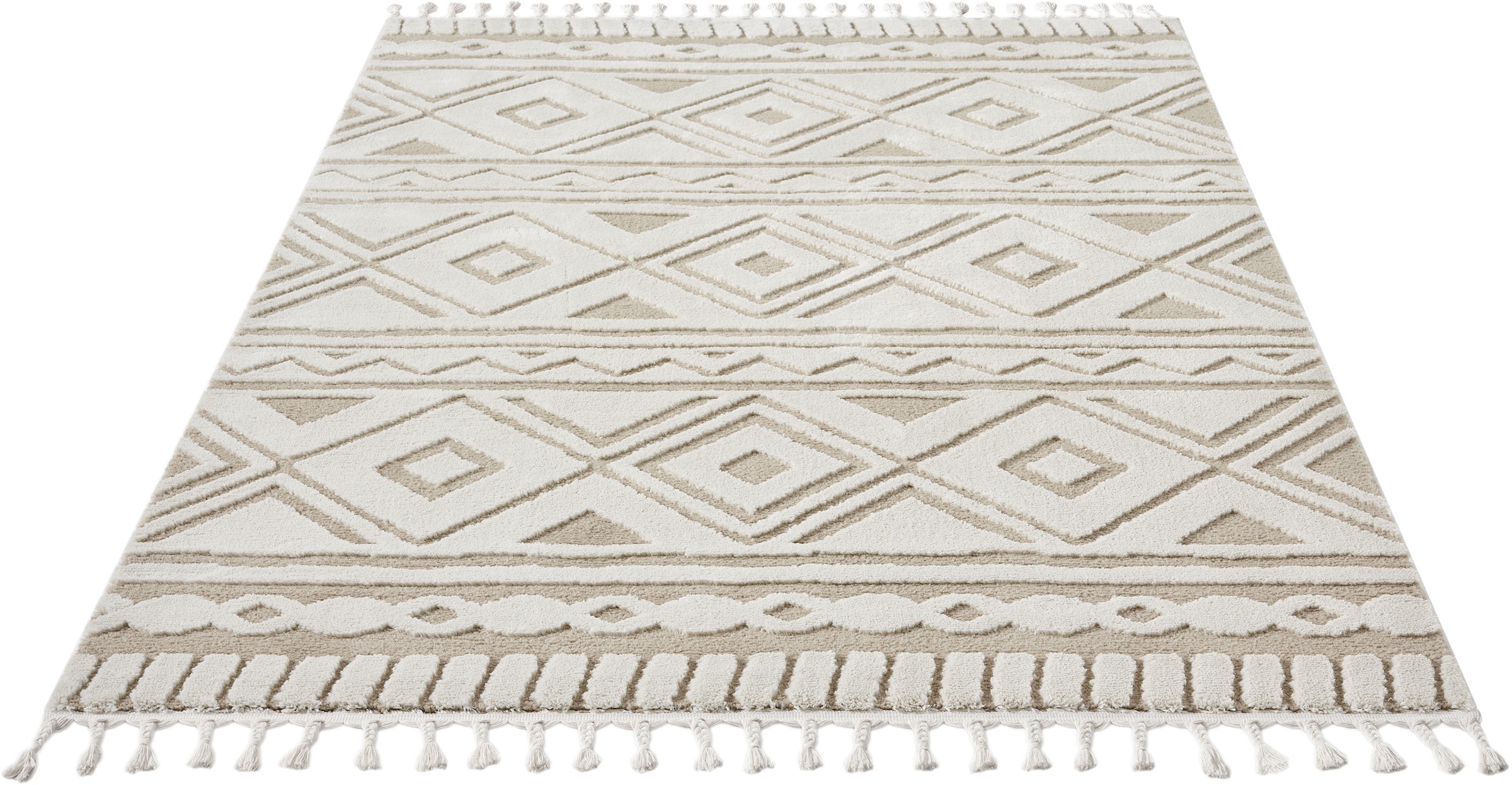 OTTO home Teppich »Bonvo« rechteckig 19 mm Höhe mit Fransen, Hoch-Tief-Struktur, Wohnzimmer, Schlafzimmer, Boho-Style