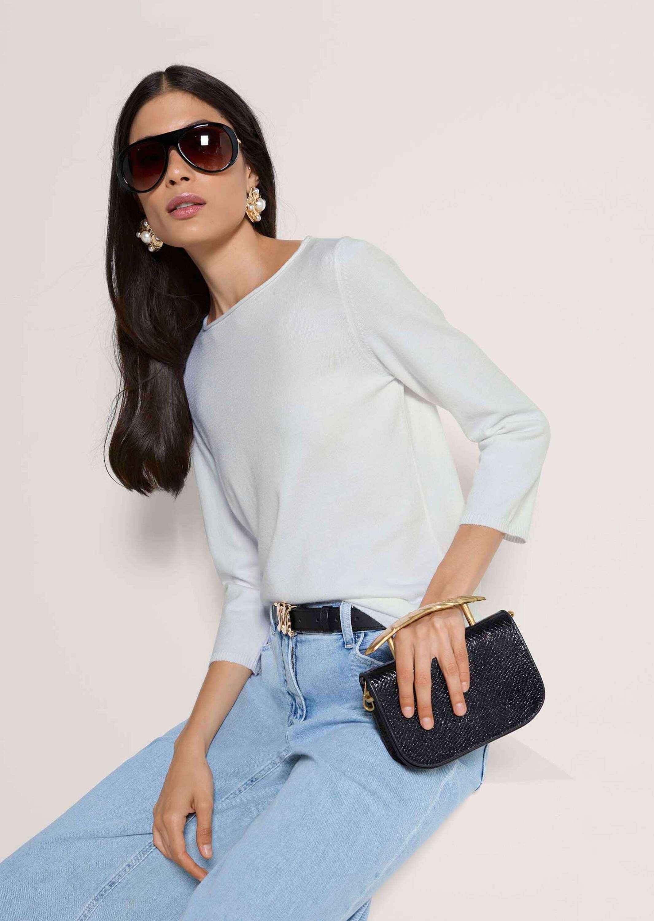 MADELEINE Longpullover »Feinstrickpullover Basic-Pullover mit Rollkante« Eleganter U-Boot-Ausschnitt