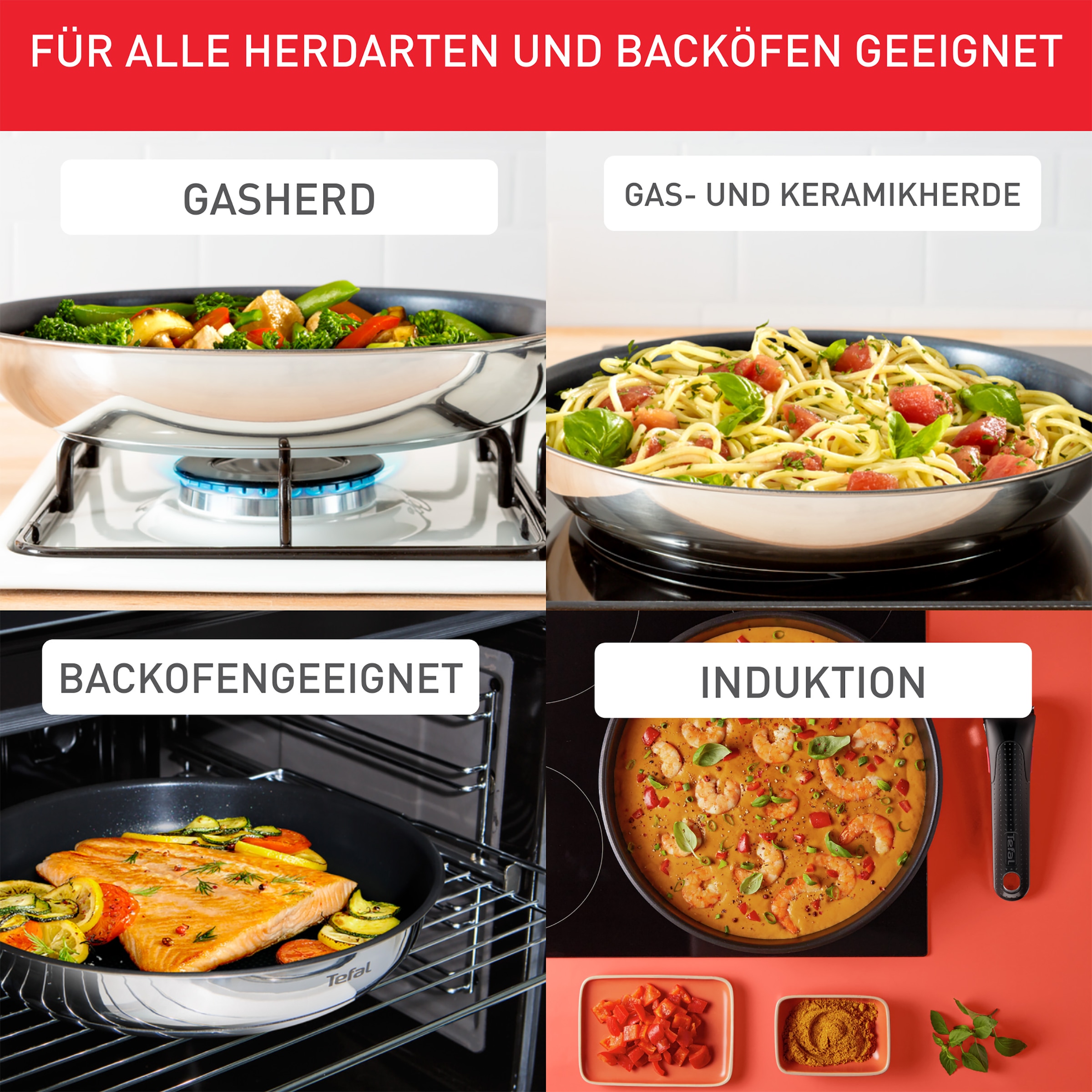 Tefal Pfannen-Set »Ingenio Emotion« Edelstahl Set, 5 Stk. tlg. abnehmbarer Griff, Antihaftversiegelung, Thermo-Signal, Induktion