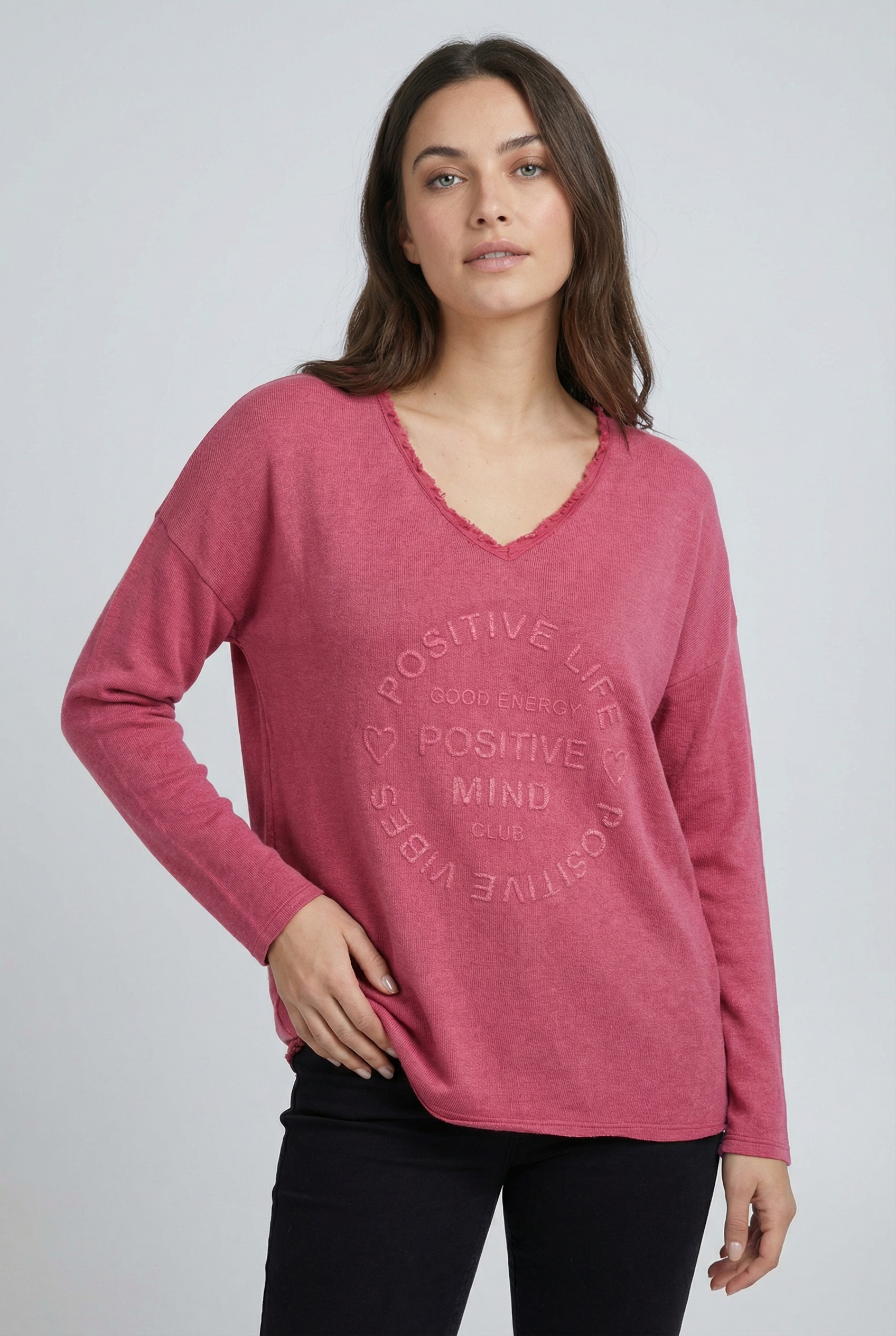 Zwillingsherz Sweatshirt, ausgefranster V-Ausschnitt, Vintage Look, Langarm