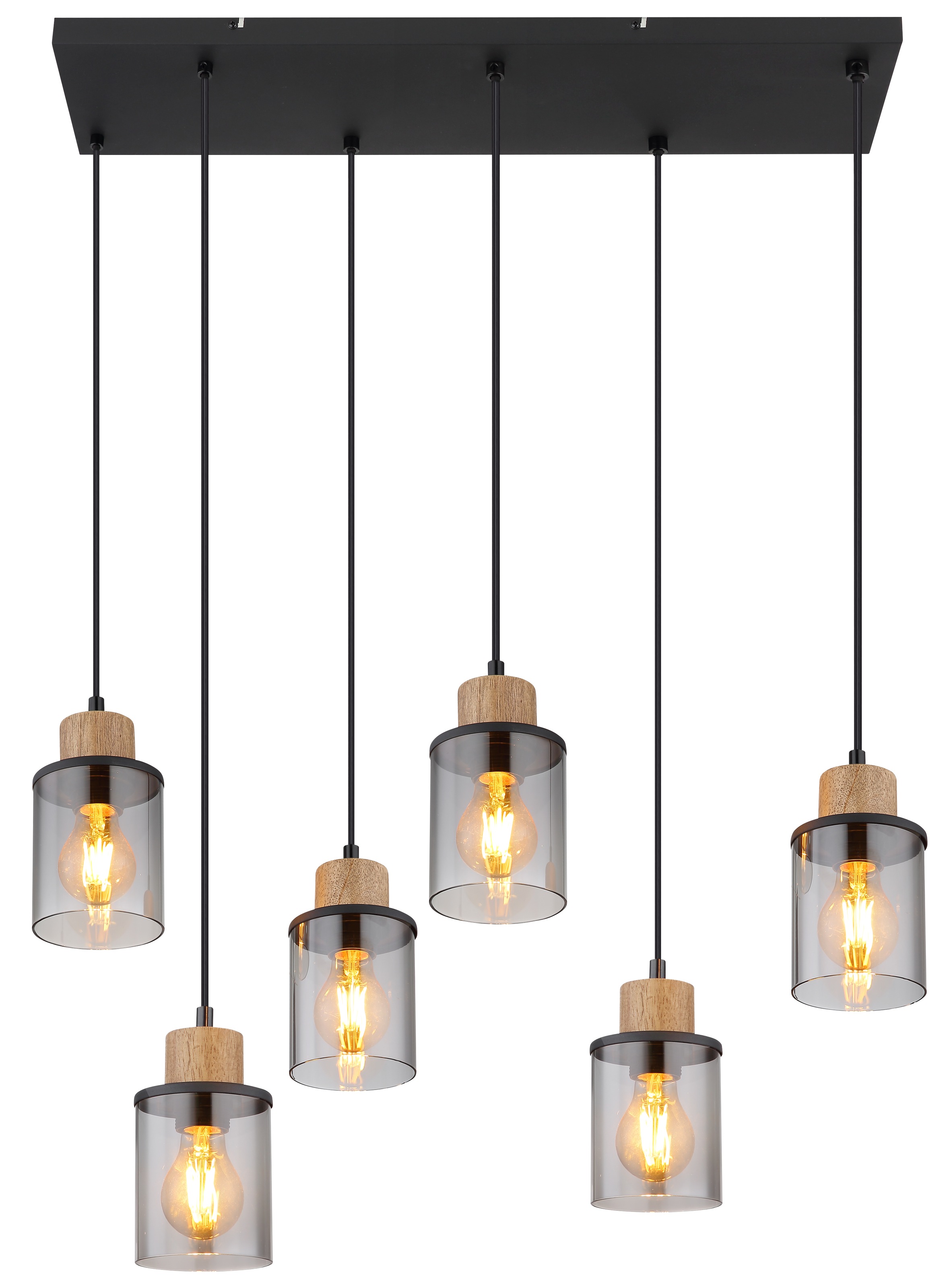 GLOBO LIGHTING Hängeleuchte "REID", schwarz matt, 6, H: 120cm, 1 Stk., Leuchten, Wohnzimmerleuchte schwarz/Holz, Rauchglas, höhenkürzbar, Hängeleuchte