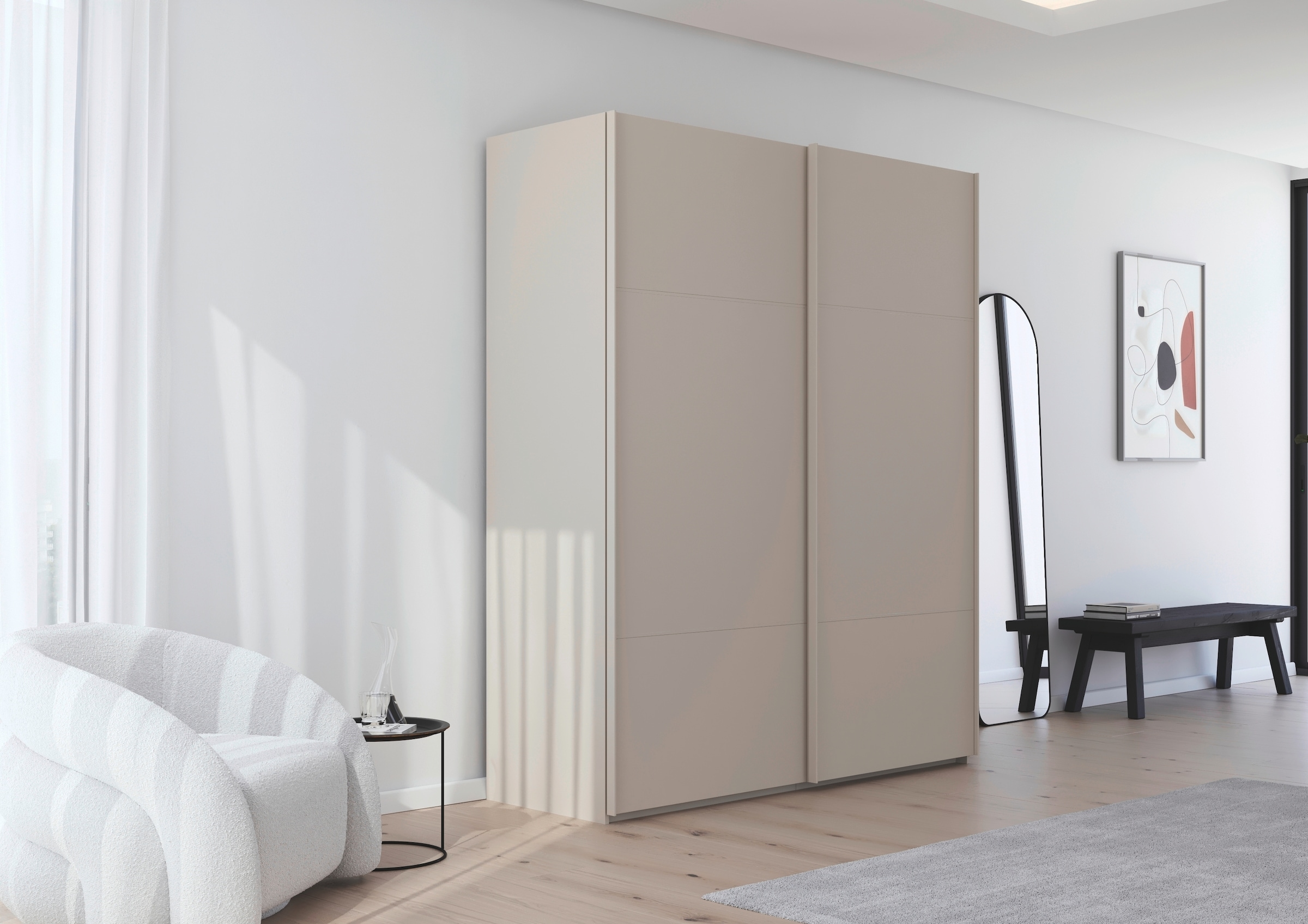 rauch Schwebetürenschrank »Kleiderschrank Schrank Garderobe Schlafzimmerschrank SCALE-TRIO«, edle dreigeteilte Front, 2 Zierleisten in Griff-Farbe MADE IN GERMANY