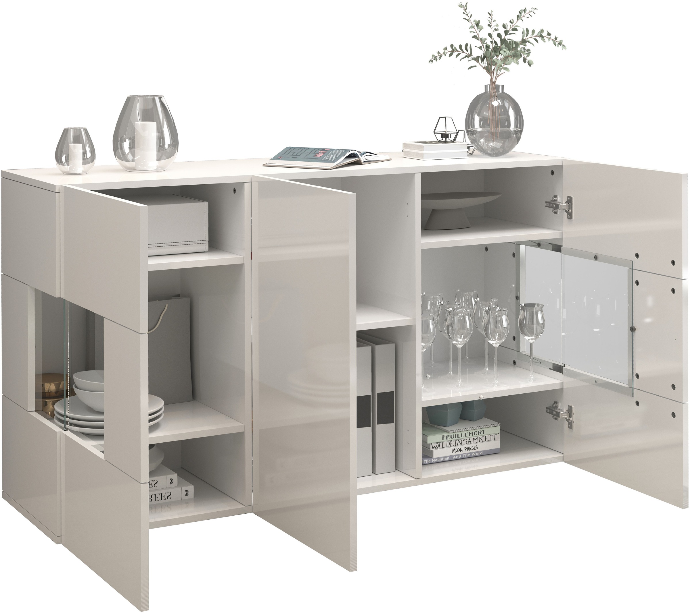 INOSIGN Sideboard »Egypt, Kommode, Schrank, Kredenz, Vitrine grifflos«, 3 Türen davon 2 mit Glaseinsatz, kompl. Hochglanz lackiert Breite 135