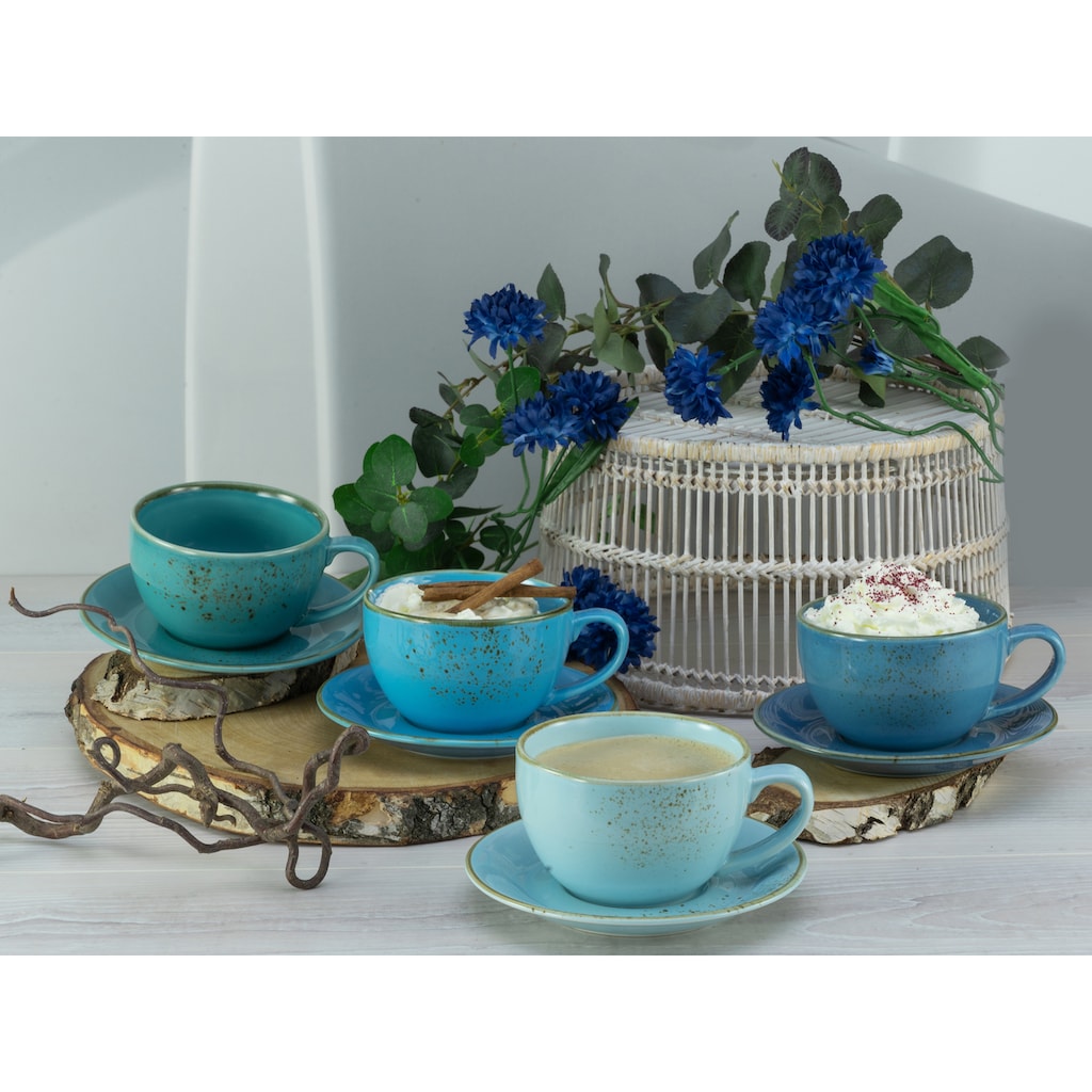 CreaTable Cappuccinotasse »Kaffeetasse NATURE COLLECTION Aqua«, (Set, 8 tlg.), Tassen Set, aktuelle Blautöne mit Sprenkel, 4 Tassen, 4 Untertassen