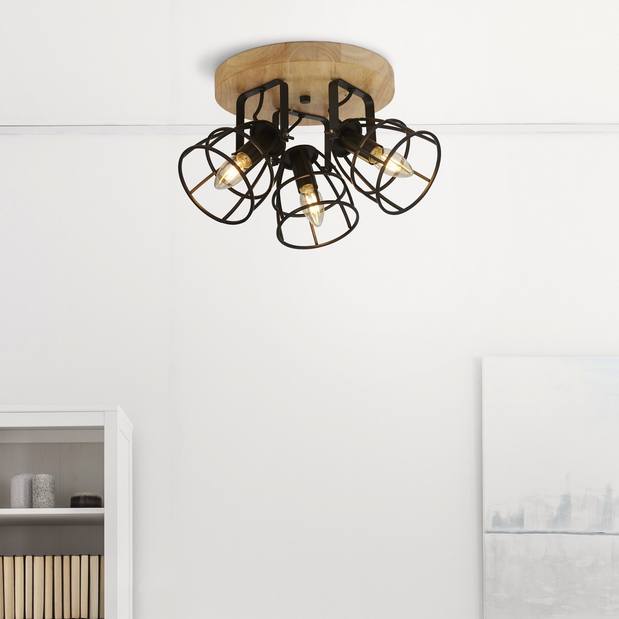 Searchlight Deckenleuchte »Vision 3Lt Deckenleuchte - Mattschwarzes Metall & Holz« E14 1 Stk.