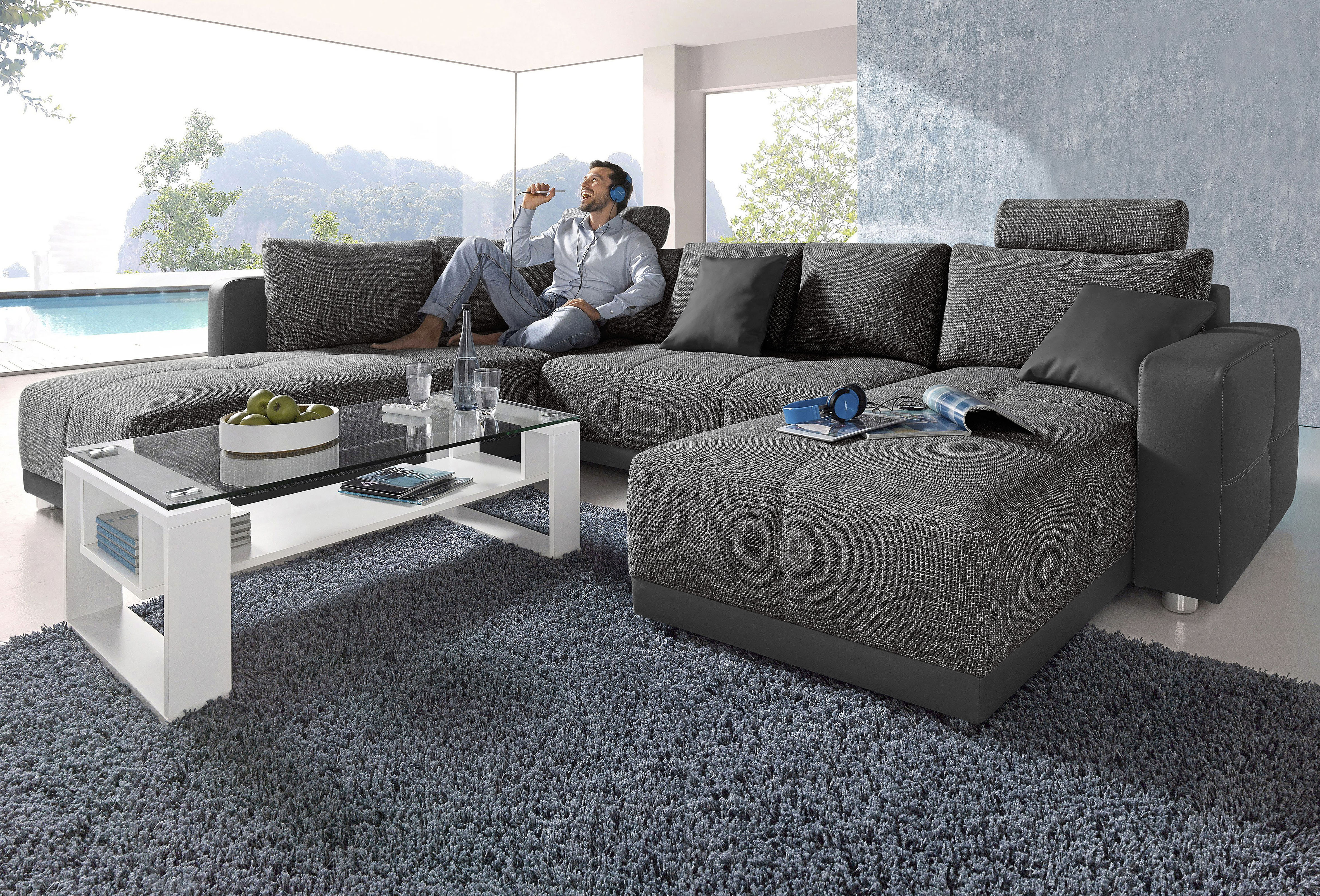 Jockenhöfer Gruppe Wohnlandschaft "Orlando U-Form, B: 337 cm, Liegefl. 135x305 cm" mit Schlaffunktion, Bettkasten, 2 Kopfstützen & 2 Zierkissen,Federkern