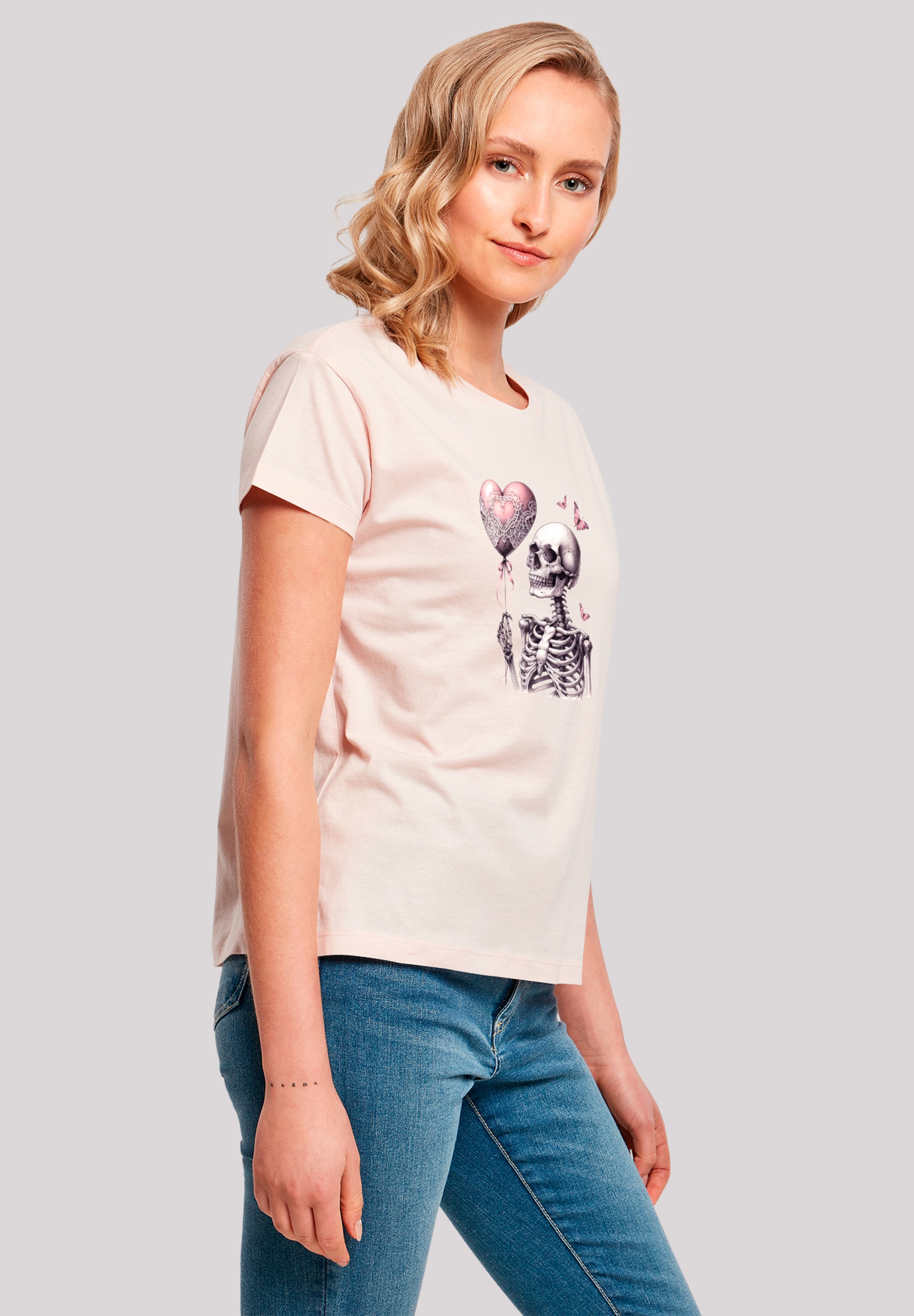 F4NT4STIC T-Shirt »Skelett hält Herzballon«, Premium Qualität
