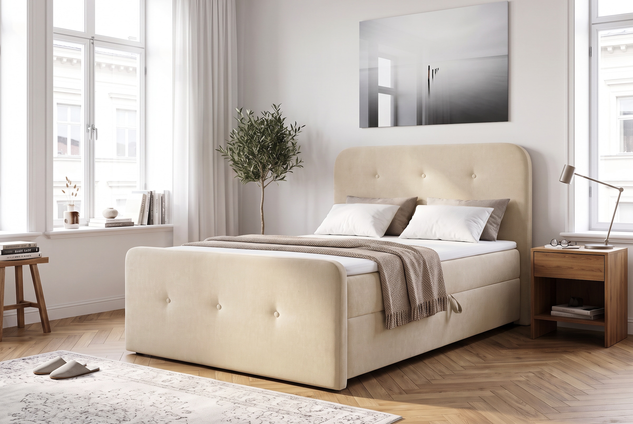 Home affaire Boxbett "Amrum, Polsterbett mit Bettkasten, inkl. Taschenfederkernmatratze H3" mit Kaltschaumtopper, Chenille-Bezug, 120x200 & 180x200 cm