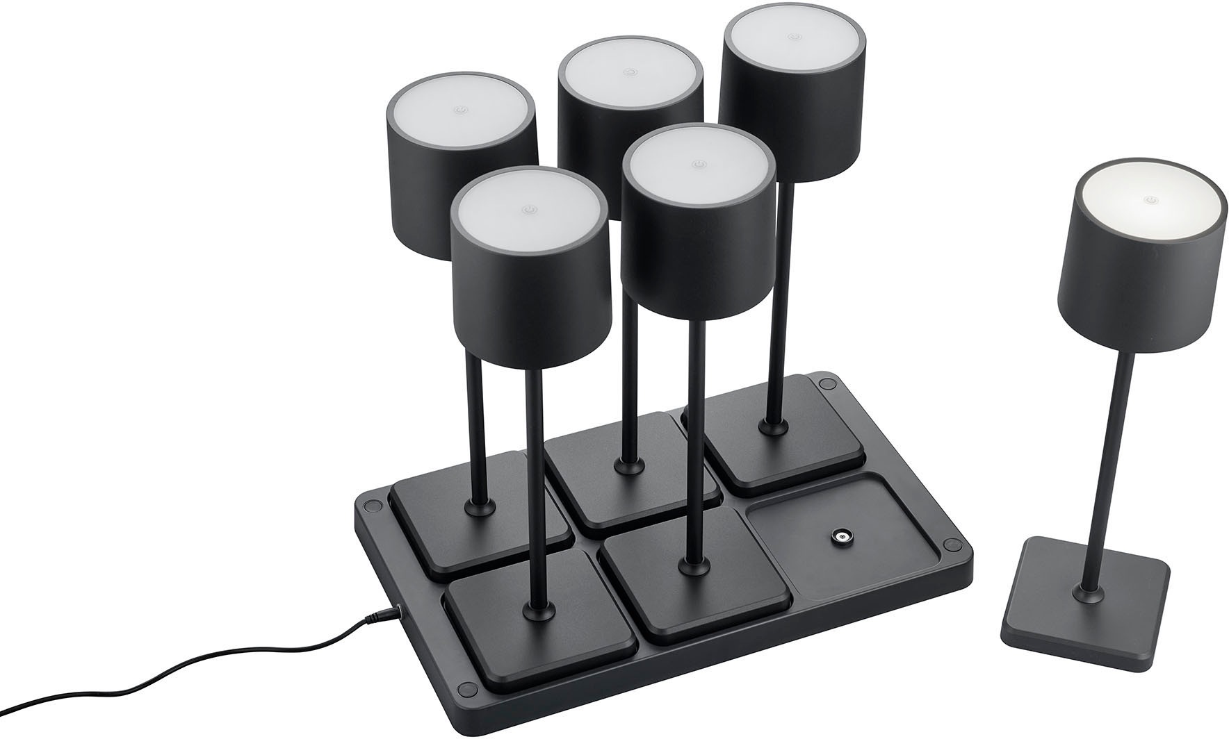 REALITY Leuchten LED Außen-Tischleuchte "Fernandez" LED-Board 1 Stk. Farbwechsler warmweiß - kaltweiß Set 6-teilig inkl Induktion-Ladestation Garten Akku Tischlampe dimmbar