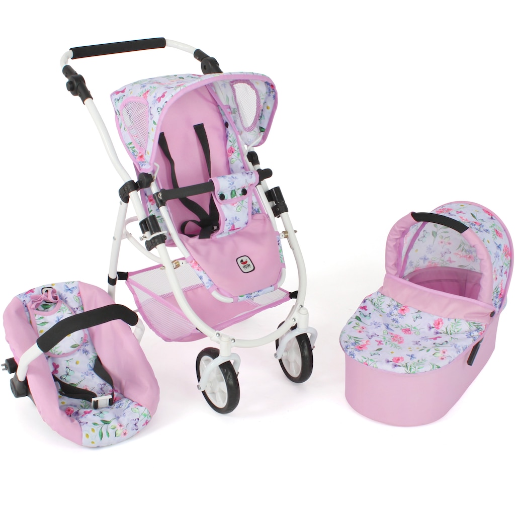 CHIC2000 Kombi-Puppenwagen »Emotion All In 3in1, Flowers«, inkl. Babywanne, Babyschale und Sportwagenaufsatz