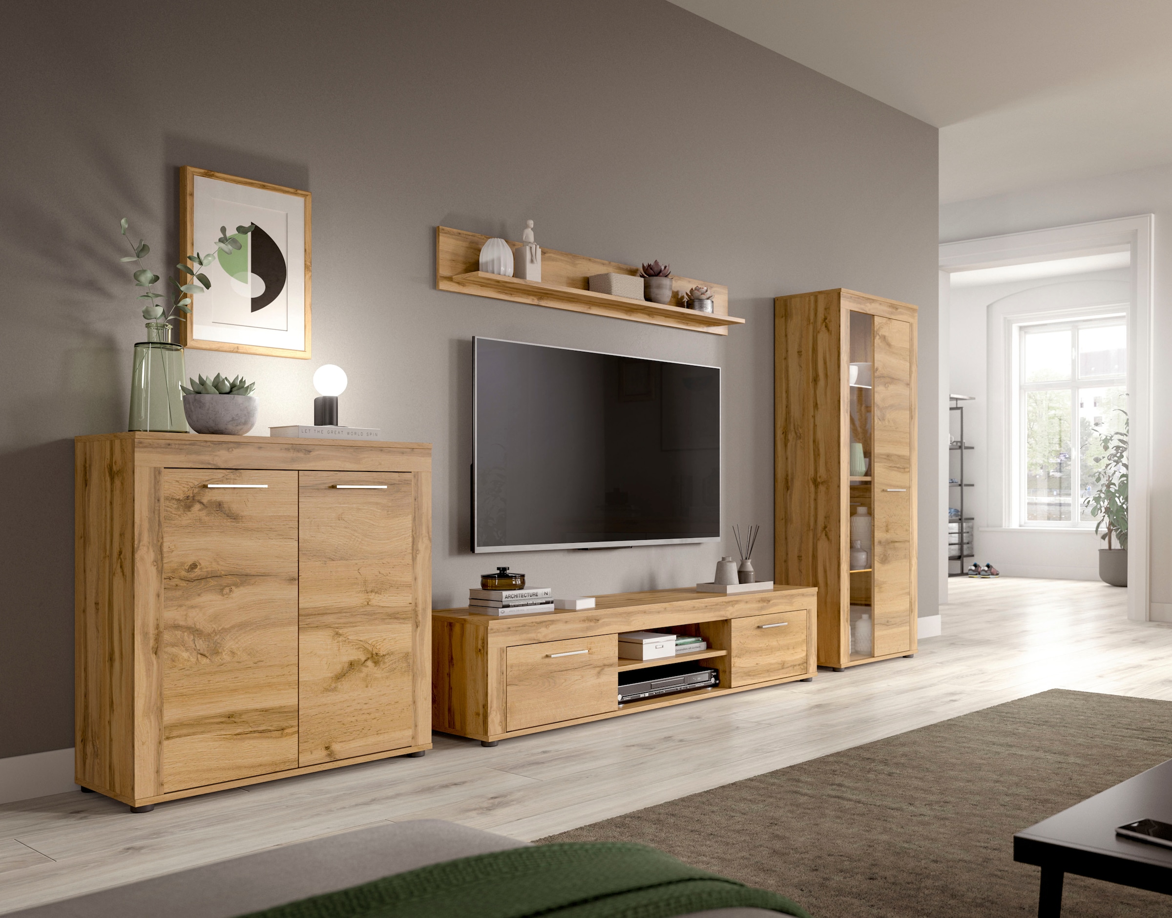 INOSIGN Wohnwand »Aosta, Breite 235cm, bestehend aus Lowboard, Wandboard, Vitrine«, (3 St.), Wohnwand, Kombination, Anbauwand, Möbel Set, Schrankwand, Möbel Kombi