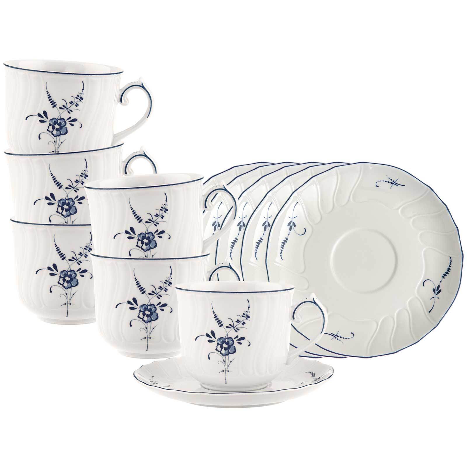 Villeroy & Boch Tasse "Frühstückstassen mit Untertassen Vieux Luxembourg 240 ml 6er Set weiß-blau" Spülmaschinengeeignet, Mikrowellengeeignet