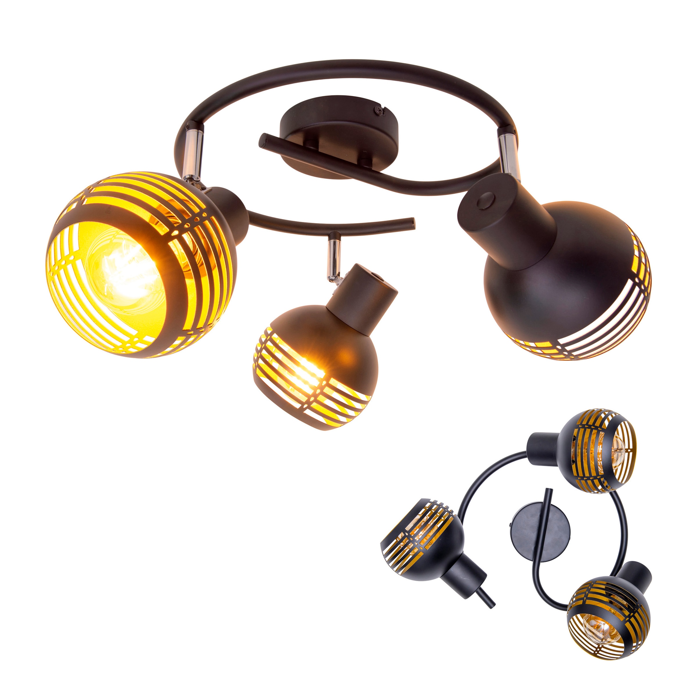 näve Deckenspots »Casco« E27 1 Stk. 3er Wand-/Deckenrondell schwarz, innen golden, exkl. 3x E27, D: 48cm