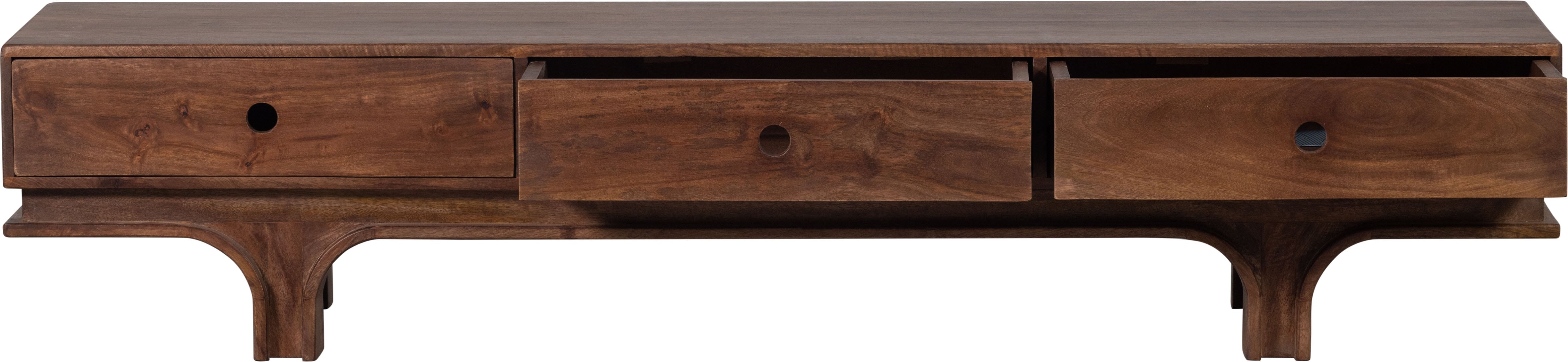 WOOOD Lowboard "Staes Massivholz Mangoholz mit Gefräster Griff, H 37 x B 180 x T 45 cm" Tragkraft Deckplatte 50 kg, Auszüge je 15 kg, montiert geliefert