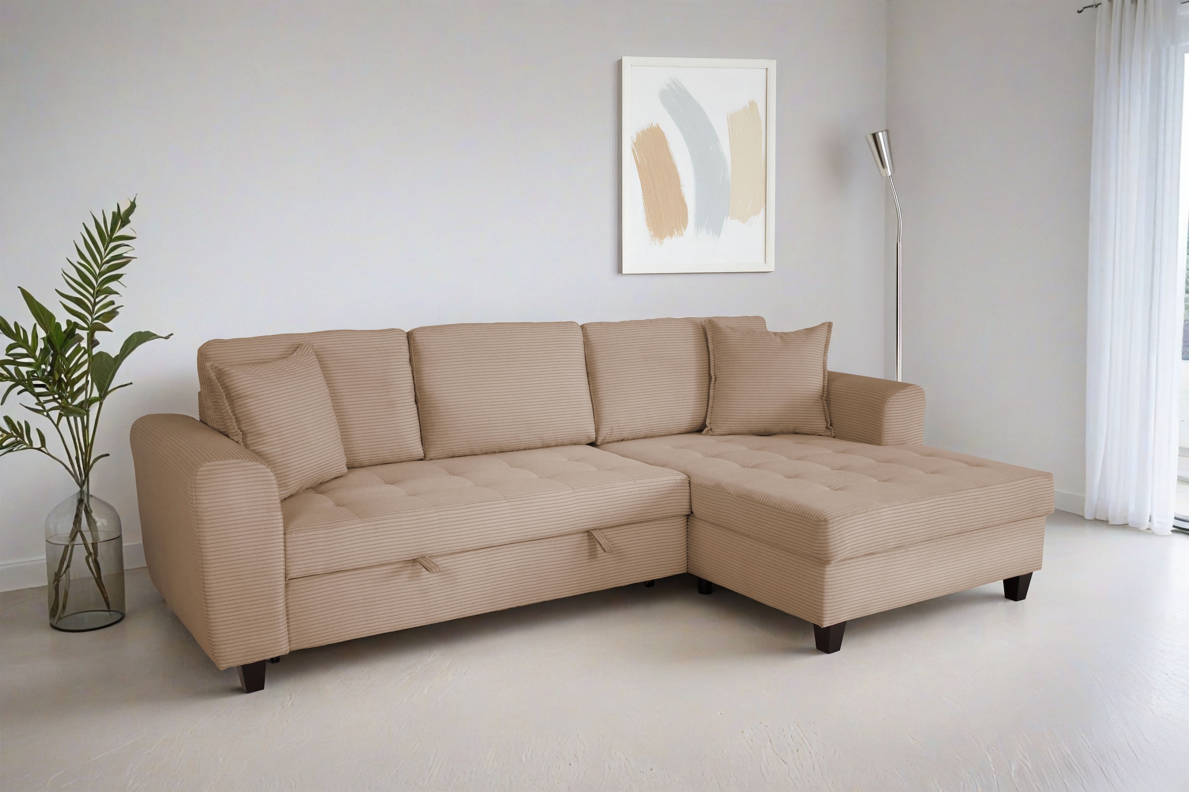 Trends by HG Ecksofa "Moritz L-Form, B: 265 cm" mit Schlaffunktion, Bettkasten & Zierkissen