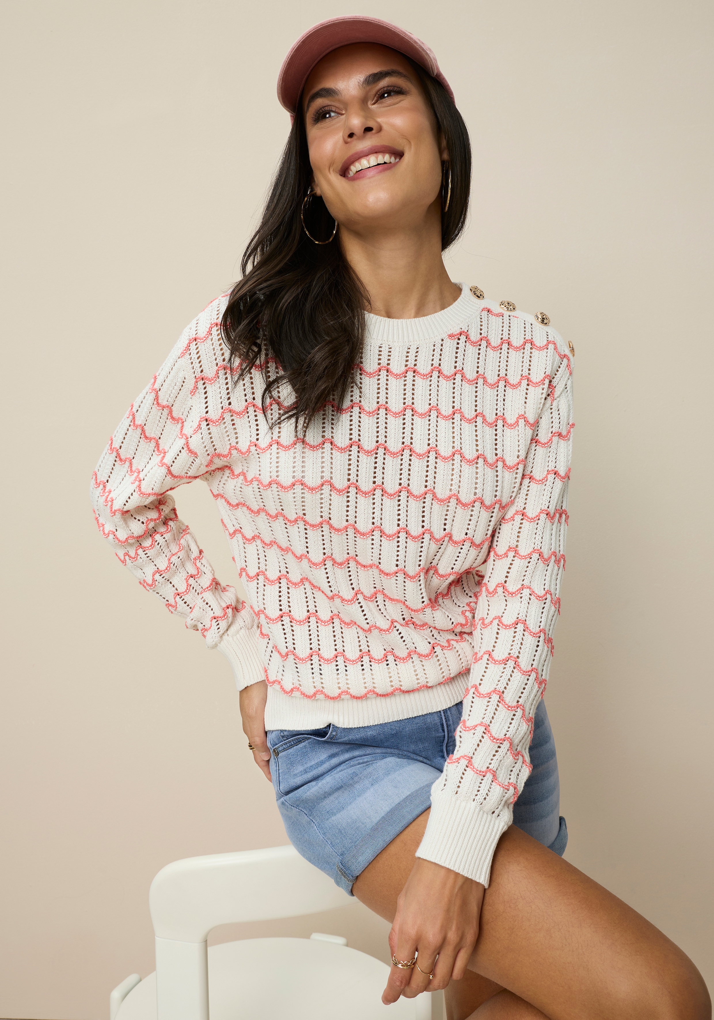 Tamaris Rundhalspullover "mit welligem Streifenmuster" mit offener Struktur für sommerliche Looks