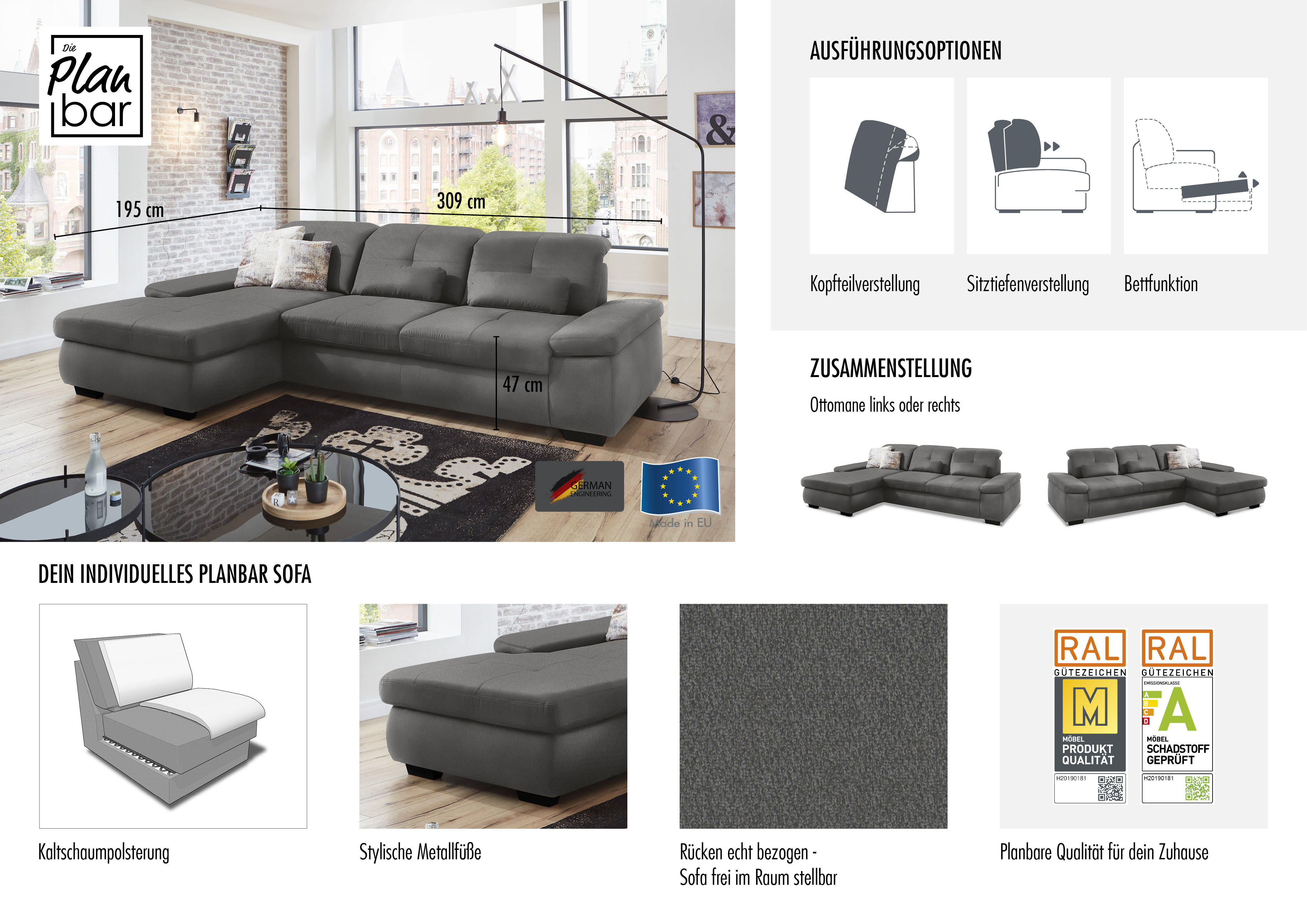 Thumbnail - Die PlanBar Ecksofa "MP-IN16012 L-Form, mit Kaltschum-Polsterung", inkl. Sitztiefenverstellung, wahlweise mit weiteren F...