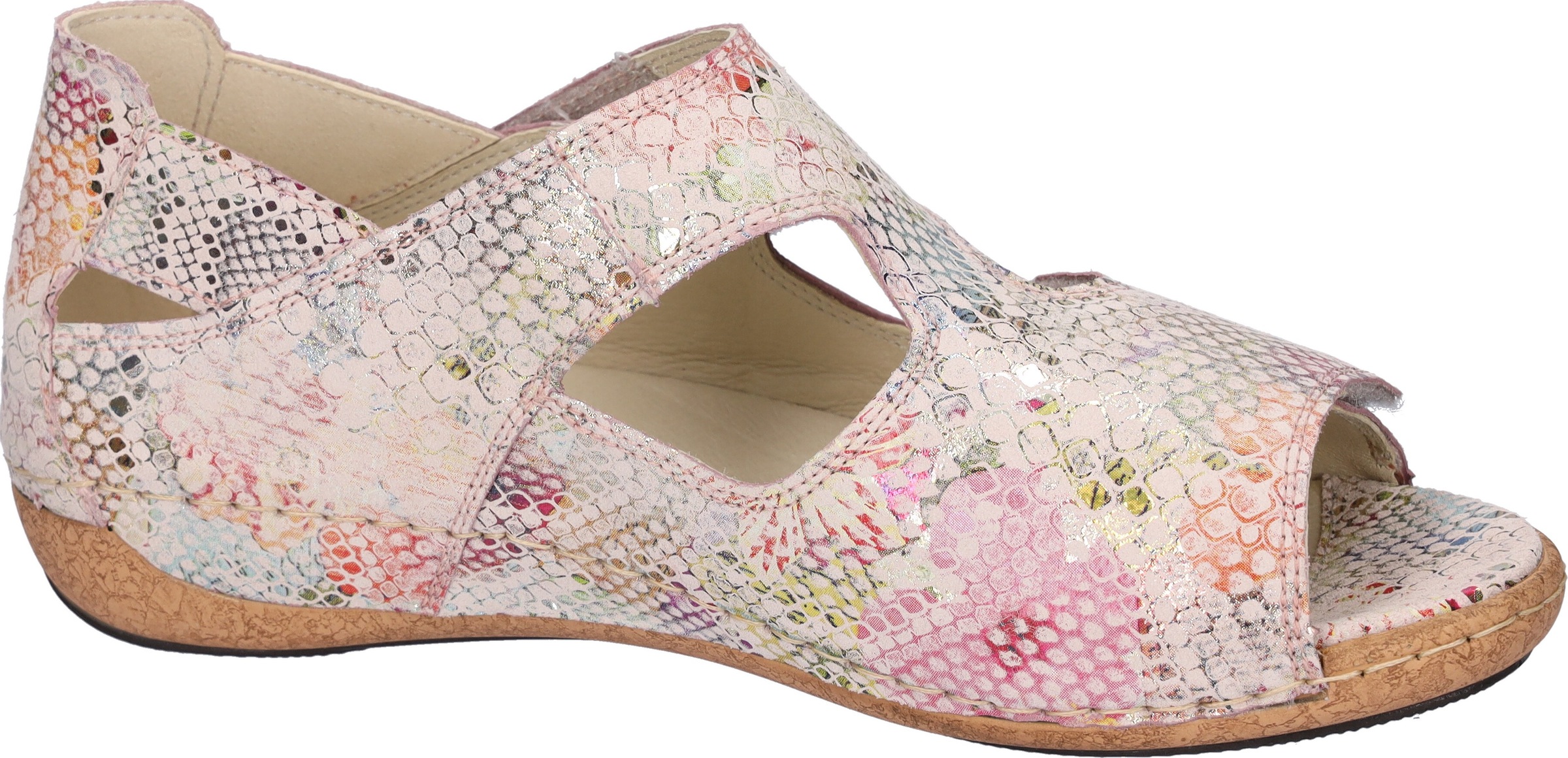 Sandale WALDLÄUFER "Heliett", Damen, Gr. 7,5 (41), rosa (rosé multi), Veloursleder, Reptilienprägung, metallic, Schuhe Sandale, Sommerschuh, Sandalette, Keilabsatz, geschlossene Ferse, H-Weite 3