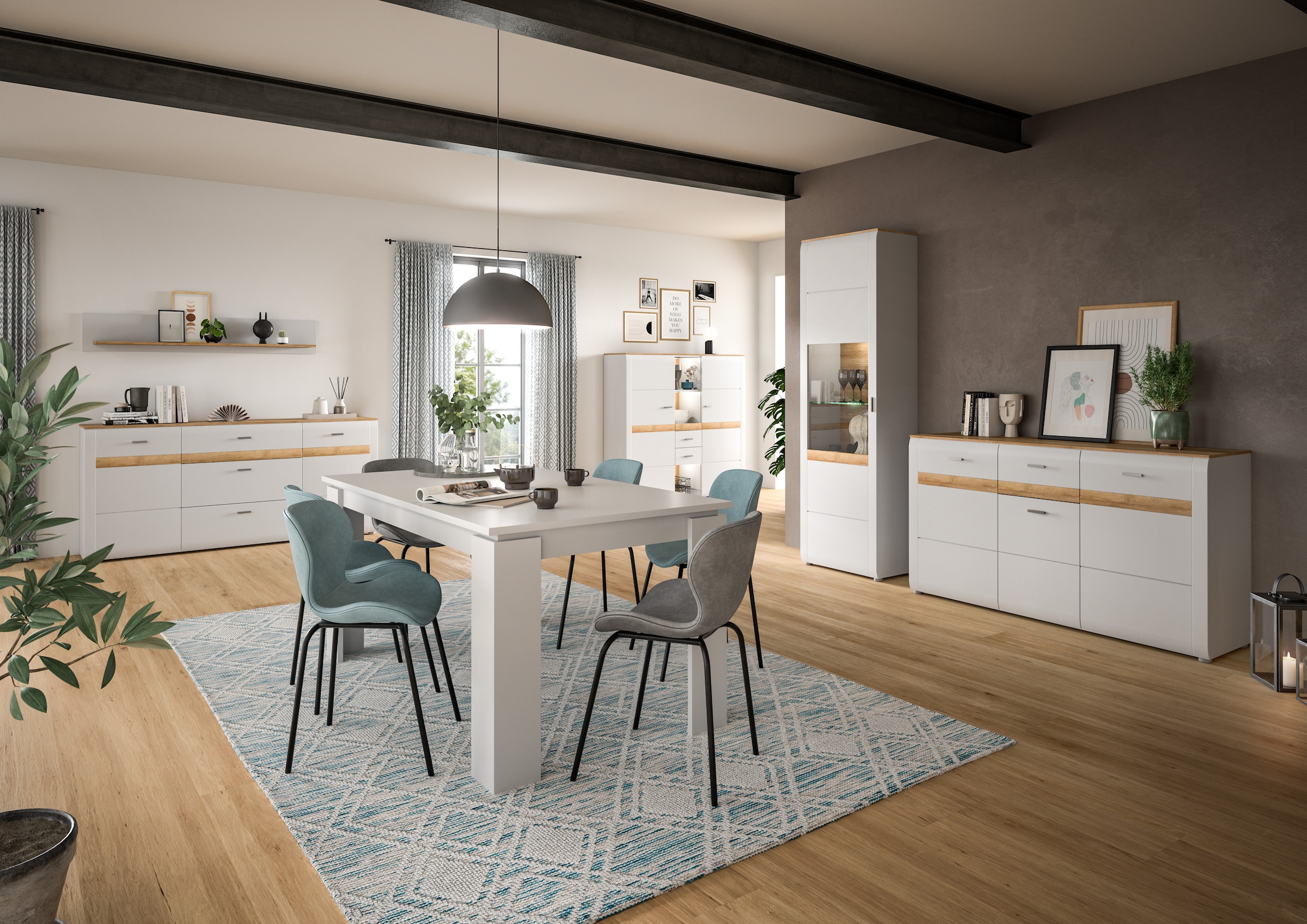 INOSIGN Highboard »Aska, Höhe 138cm, Metallgriffe, 2 Türen, 2 Schubkästen,3 offene Fächer«, (1 St.), Matte Optik, 2-farbig, Anrichte, Schrank, Kommode, Midischrank