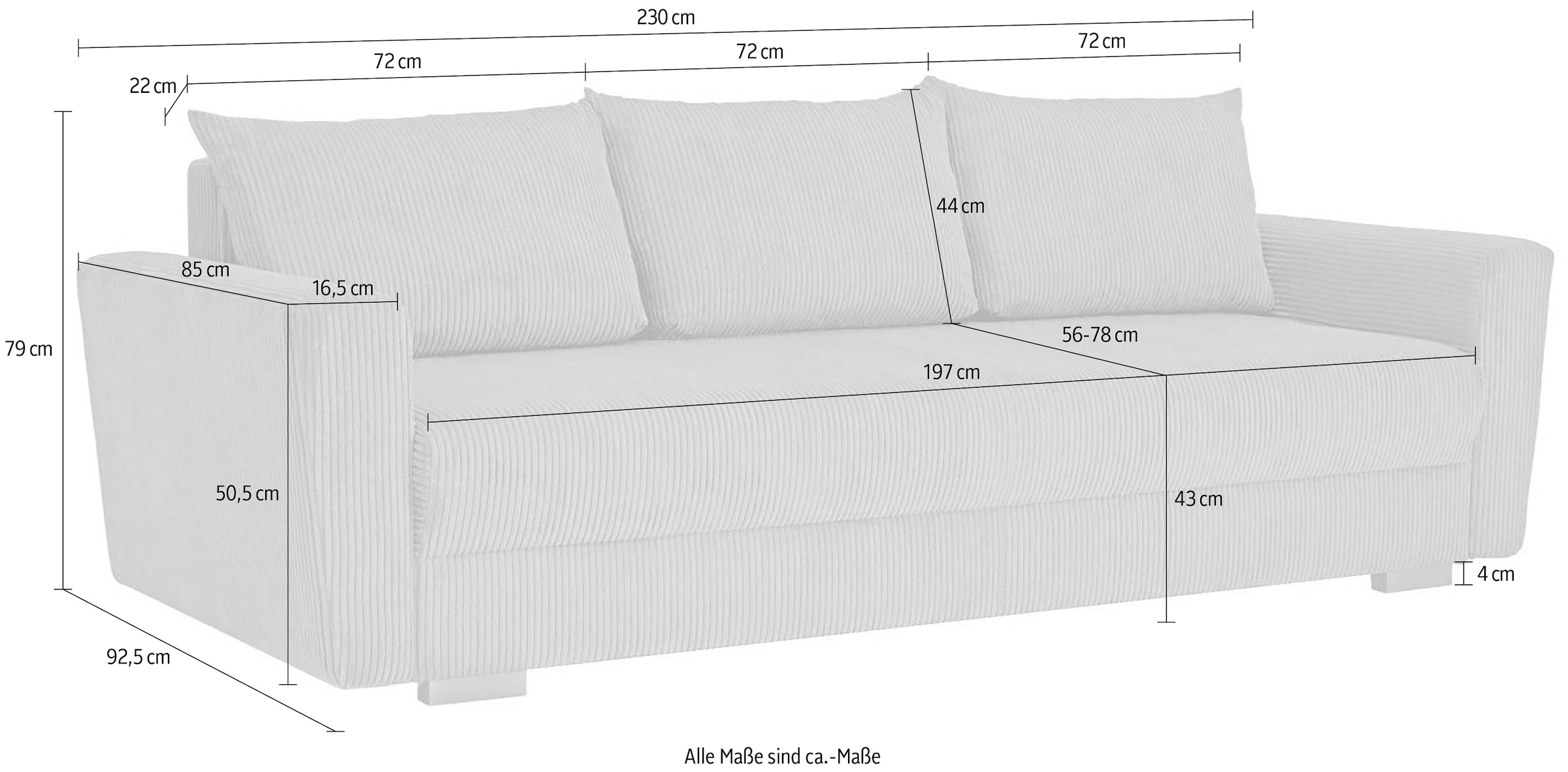 INOSIGN 3-Sitzer »MAGHERA Schlafsofa mit Bettkasten, in hochwertiger Verarbeitung«, mit Wellenunterfederung, Cord und Struktur-Bezug, B/H/T 230/92,5/79 cm