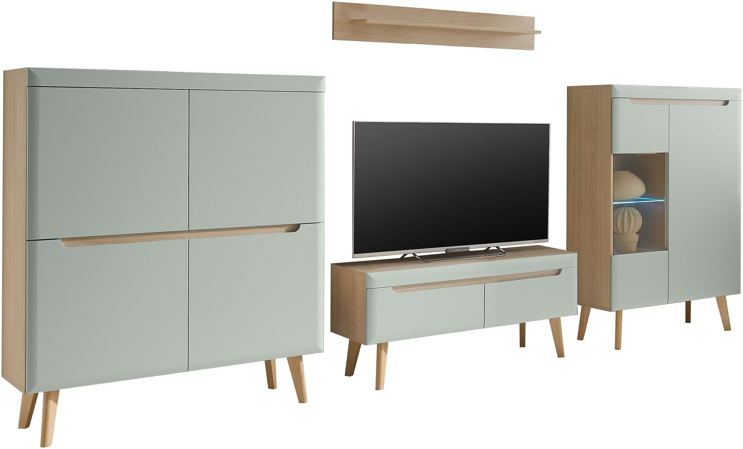 INOSIGN Wohnwand »Torge, Anbauwand, Schrankwand, Mediawand, Wohnzimmer-Set«, (Set, 4 St.), enthält 1 Vitrine, 1 Lowboard, 1 Highboard + 1 Wandboard, 344 cm breit