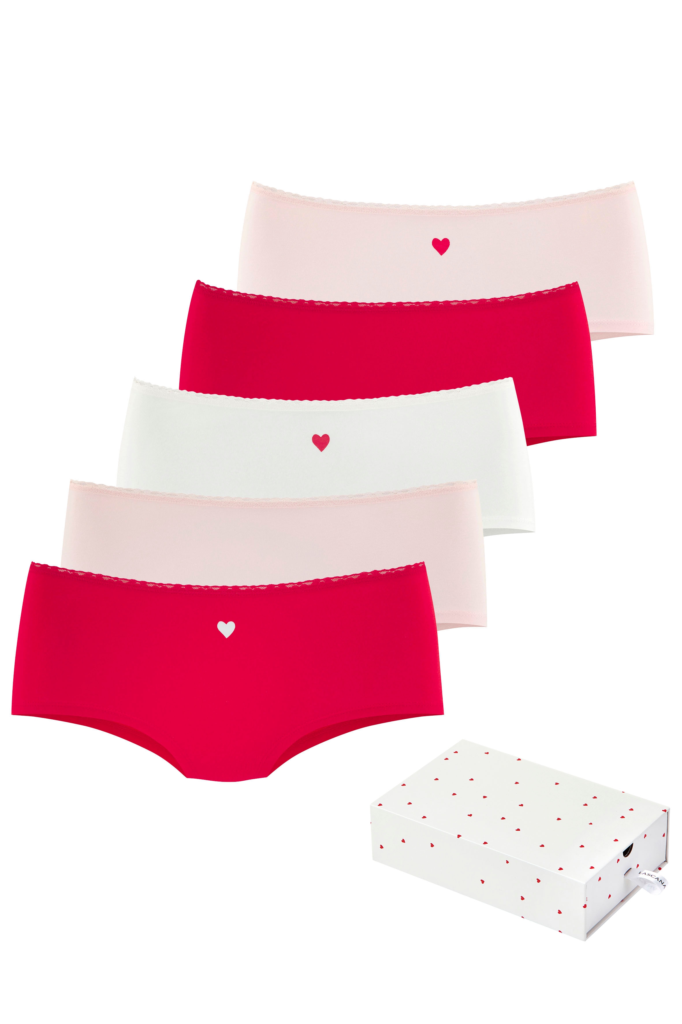 LASCANA Panty "Geschenk Box" 5er-Pack, mit süßen Herzchen-Prints und aus elastischer Baumwoll-Qualität