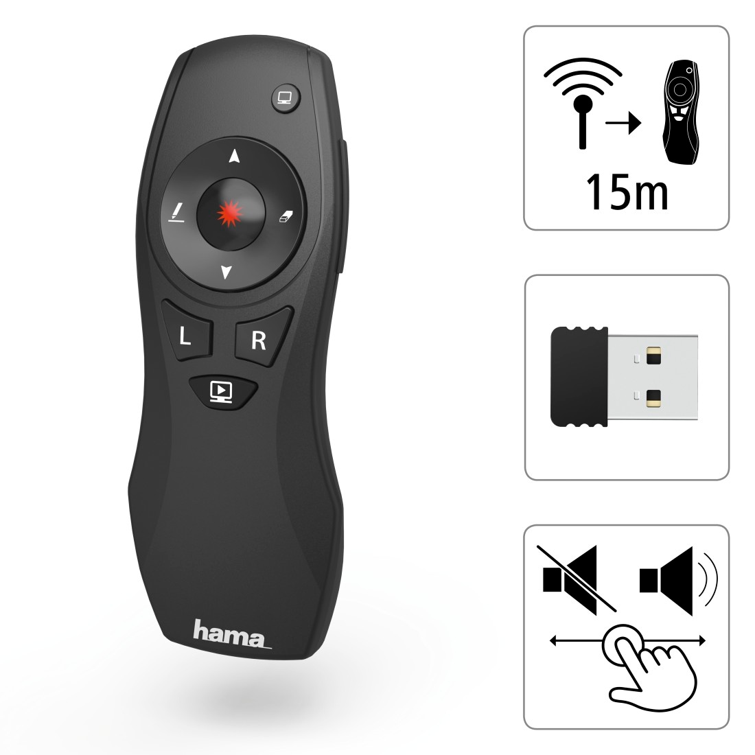 Hama Fernbedienung »Wireless-Laser Presenter 6in1, 15 m Reichweite, Laserpointer«, Air-Maus-Funktion, Batteriebetrieb, Smart-Link, Digital Ink