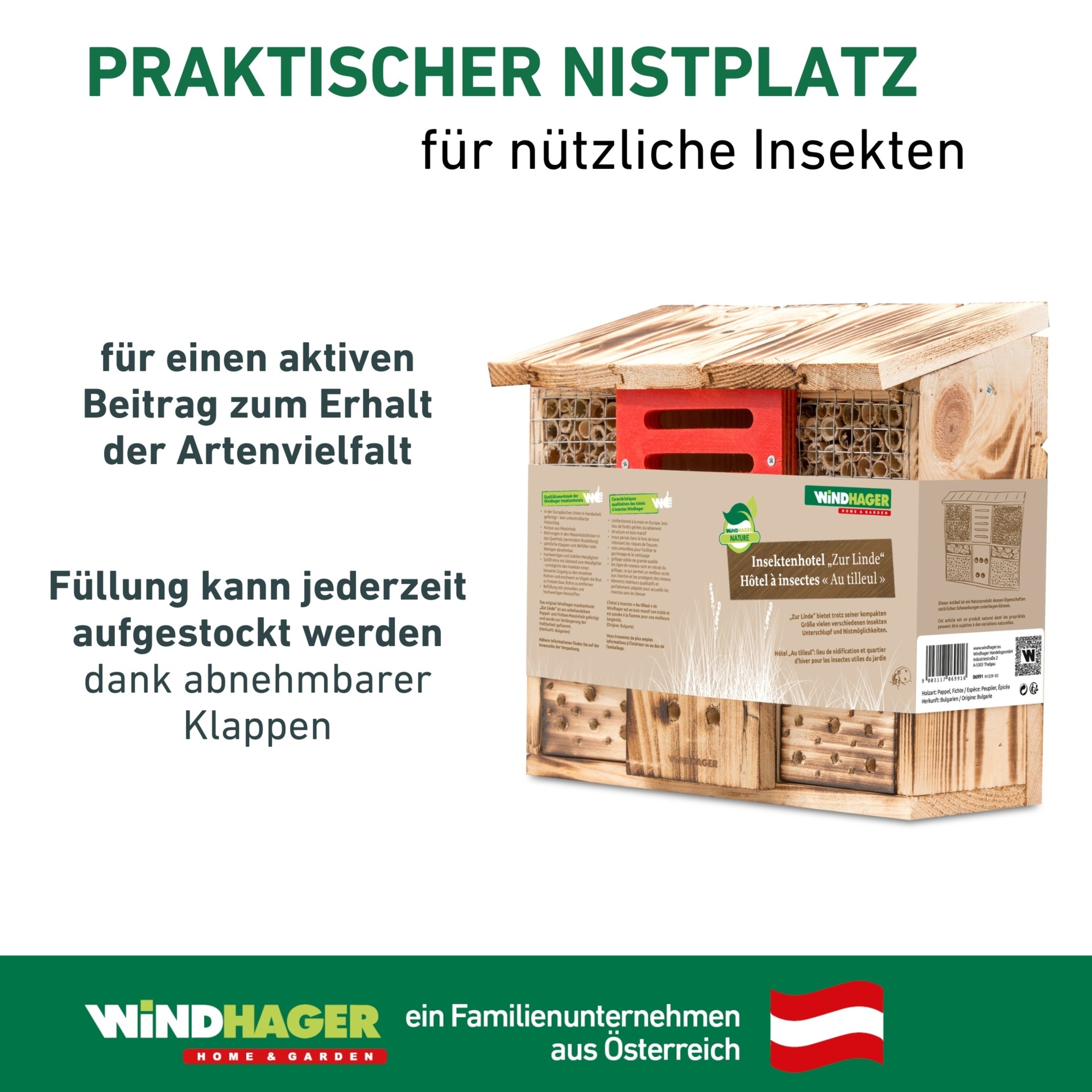 Windhager Insektenhotel »zur Linde, Schutz für Insekten, Wildbienen, Marienkäfer« Nistplatz aus Massivholz, Insektenhaus 27 x 30 x 13,5 cm