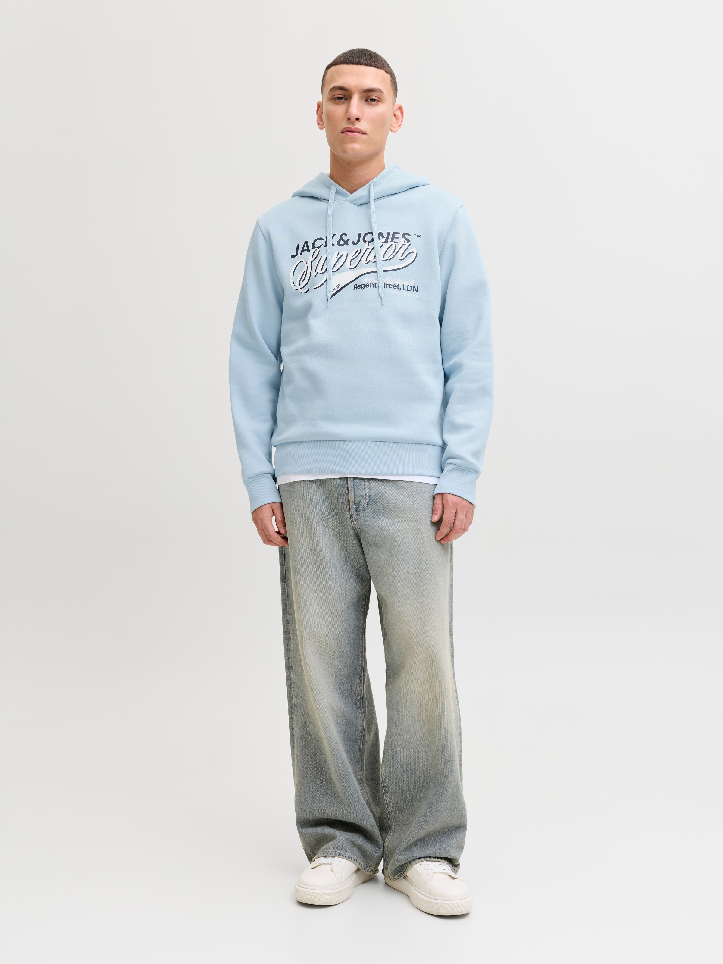 Kapuzensweatshirt JACK & JONES "JJELOGO SWEAT HOOD 2 COL 25/26 NOOS", Herren, Gr. S, celestial blau, angeraute Sweatware, Obermaterial: 70% Baumwolle, 30% Polyester, bedruckt, regular fit normal, Rundhals, Rippbündchen, Sweatshirts, mit stylischem Print 4