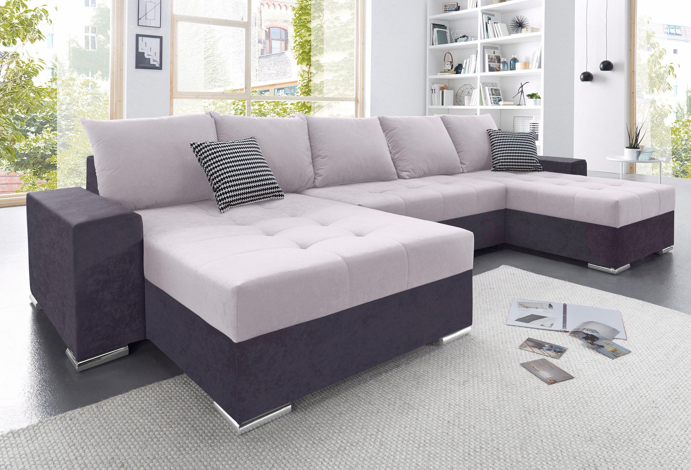 COLLECTION AB 1100000002199 "Josy XXL U-Form, B: 333 cm, mit 2 Recamieren 77 & 97 cm" Schlaffunktion, Bettkasten & 2 Zierkissen, Federkern