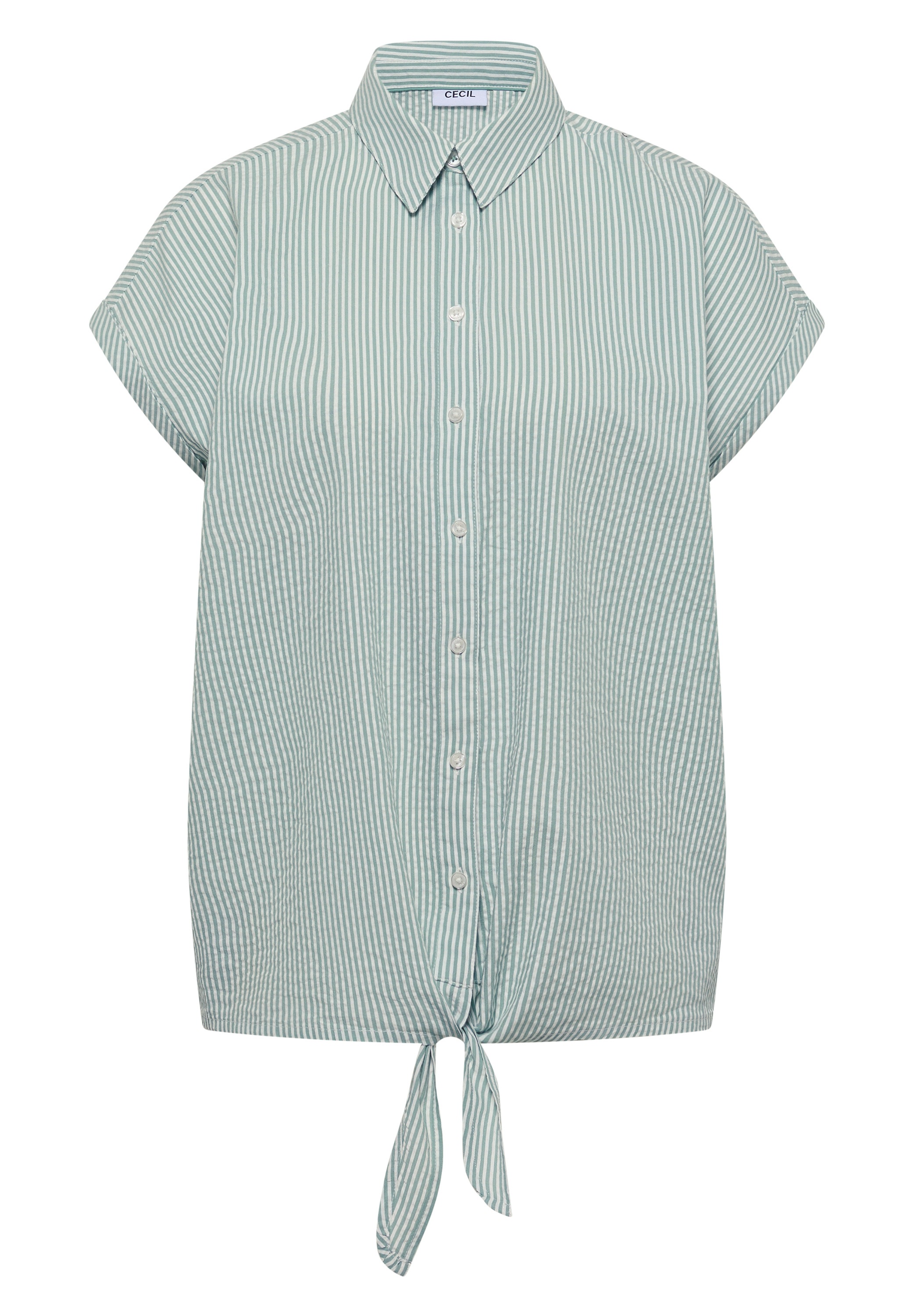 Kurzarmbluse CECIL, Damen, Gr. XXL (46), smoke salvia, Web, 75% Baumwolle, 25% Modal, unifarben, klassisch normal, V-Ausschnitt, Bündchen, Blusen, mit Knoten am Saum 3