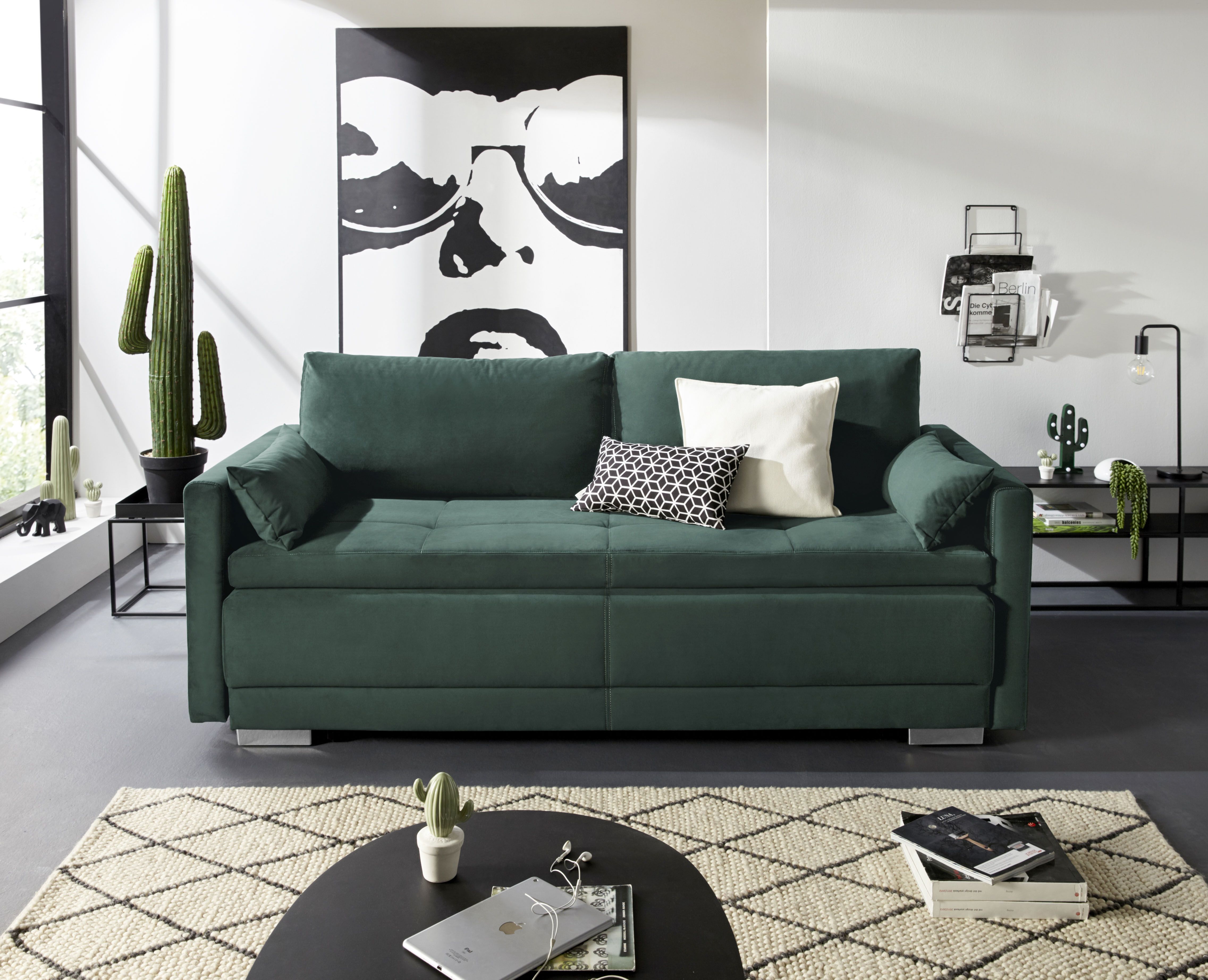 OTTO home 1100000002199 "Berlin, B: 218 cm, Liegel. 160x198 cm, Boxspring" Dauerschlafsofa mit Boxspring inklusive 2 Zierkissen & Bettkasten