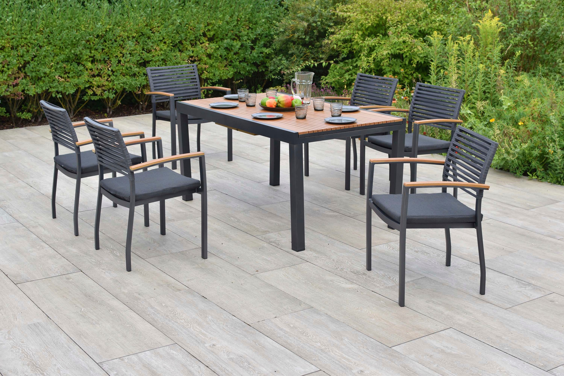 MERXX Garten-Essgruppe »Parella« Set, 13 tlg. inkl. 6 Stapelsessel, 6 Auflagen, 1 Ausziehtisch