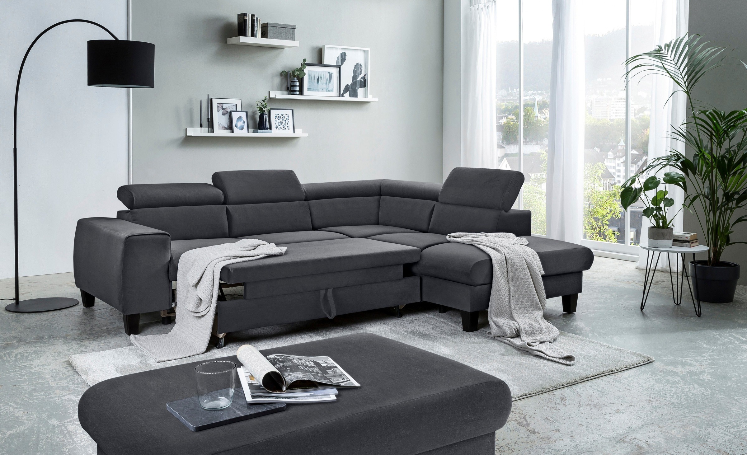 COTTA Polstergarnitur »Morven«, (Set), Set: bestehend aus Ecksofa und Hocker, Kopfteilverstellung