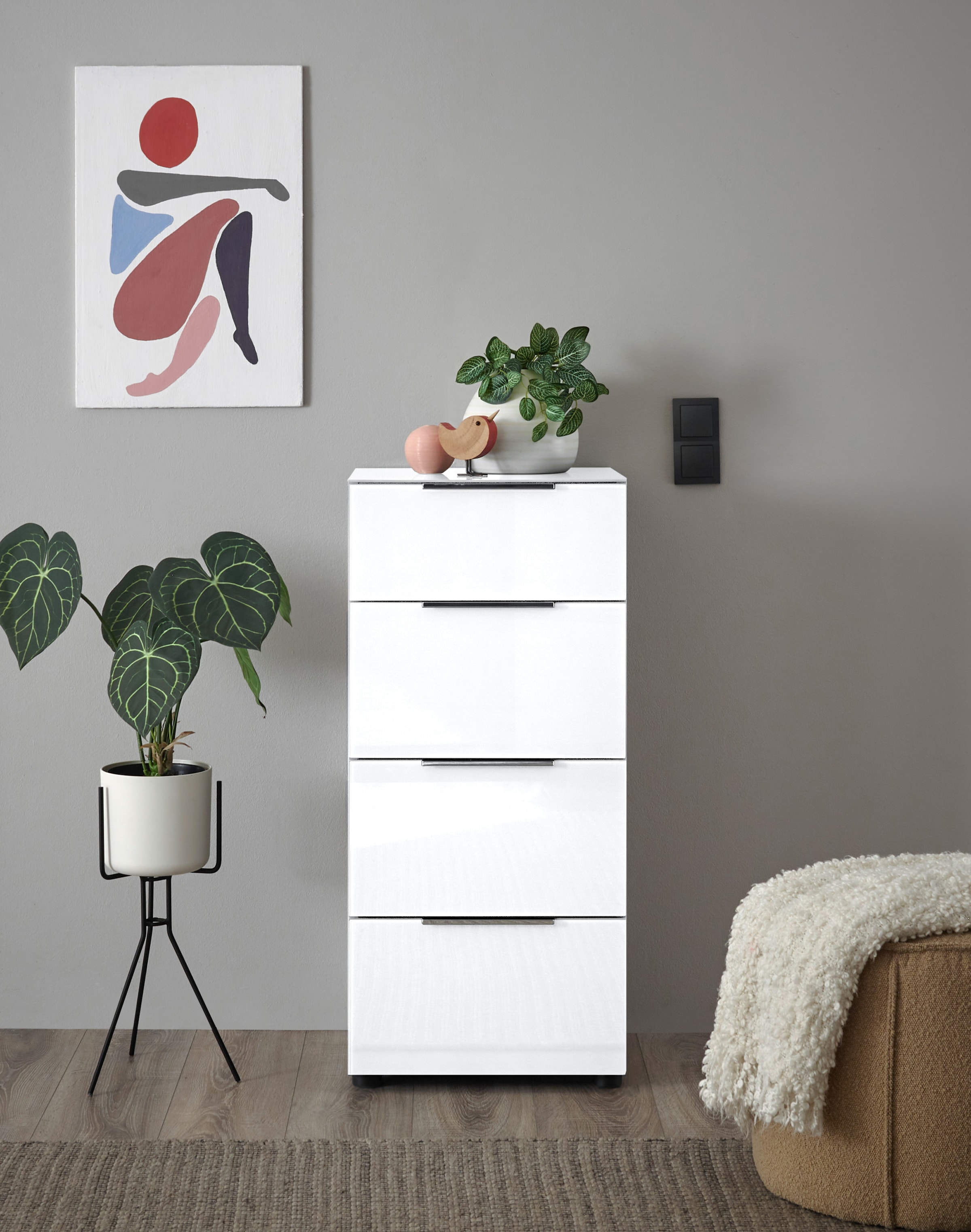 HBZ Kommode »Santorin Mehrzweckschrank mit Schubkästen, BxHxT 45x99x40 cm«, (1 St.), Mit 4 Schubkästen mit Softclose, Glasfront und Glasoberboden